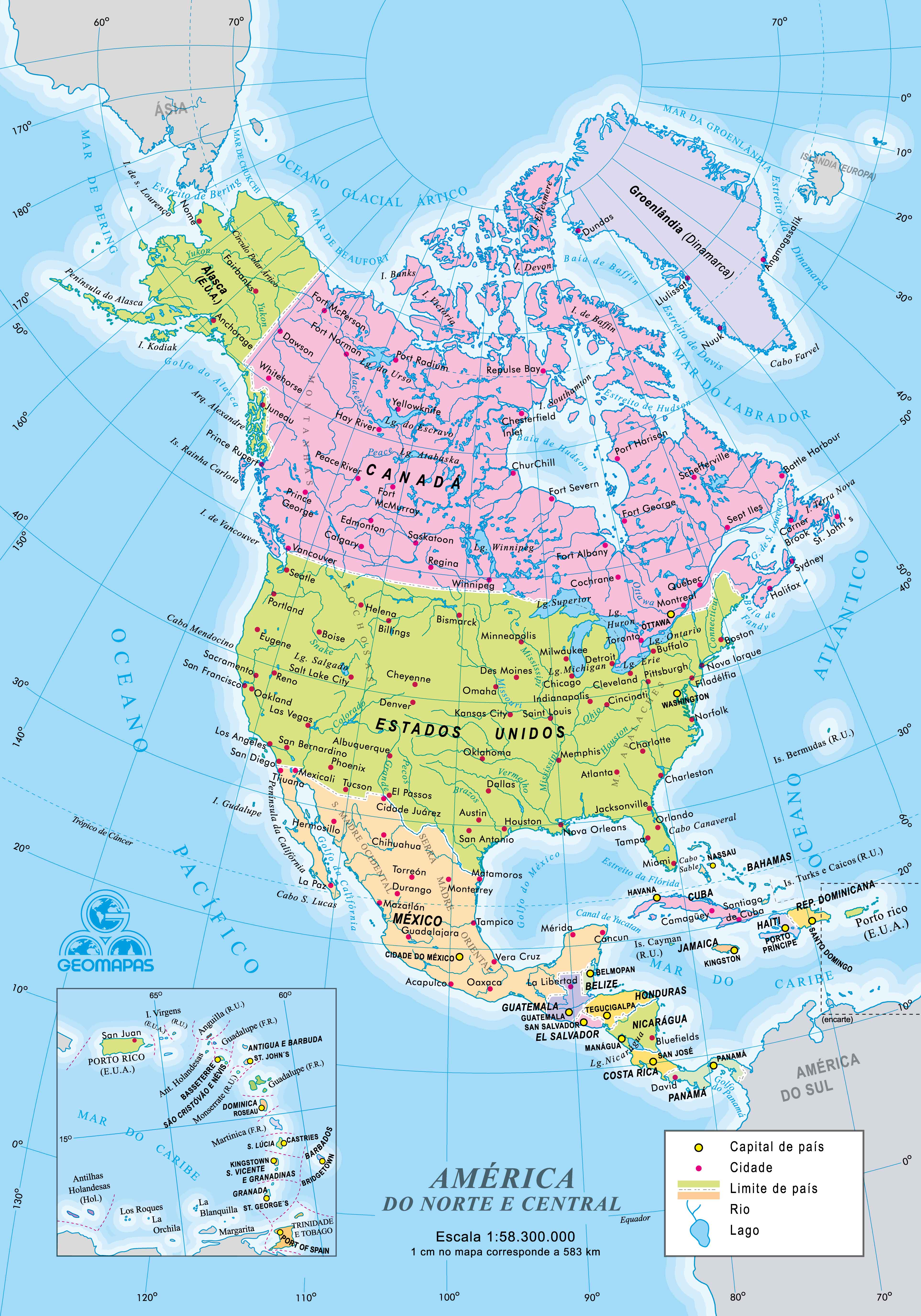 Ref. 031-61 Mapa da América do Norte Político - Formato 0,14x0,20m