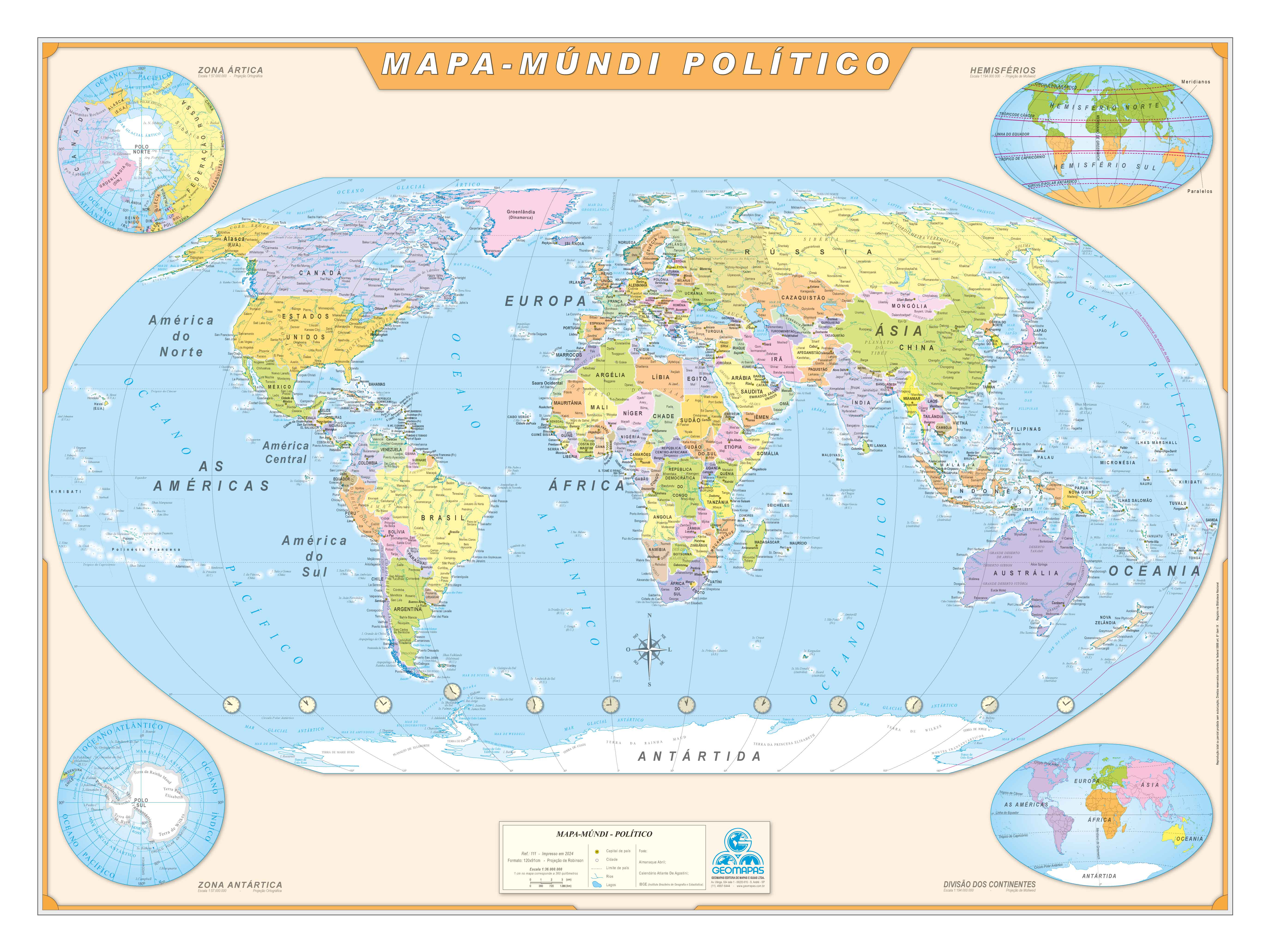 Ref. 111  Mapa-Múndi Político - Formato 1,20x0,90m