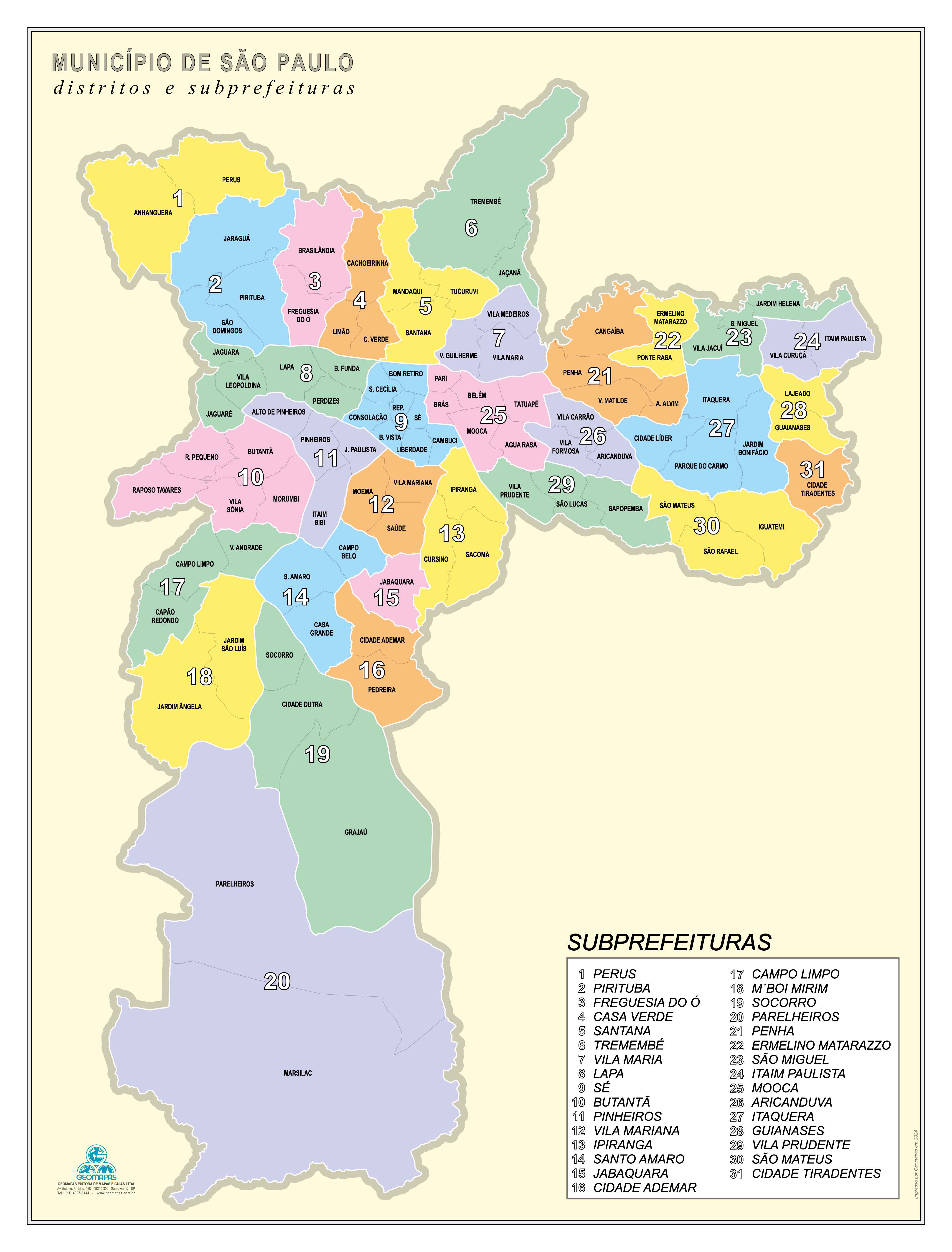 Ref. 718 Mapa dos Distritos e Subprefeituras do Município de São Paulo - Formato 0,90x1,20m