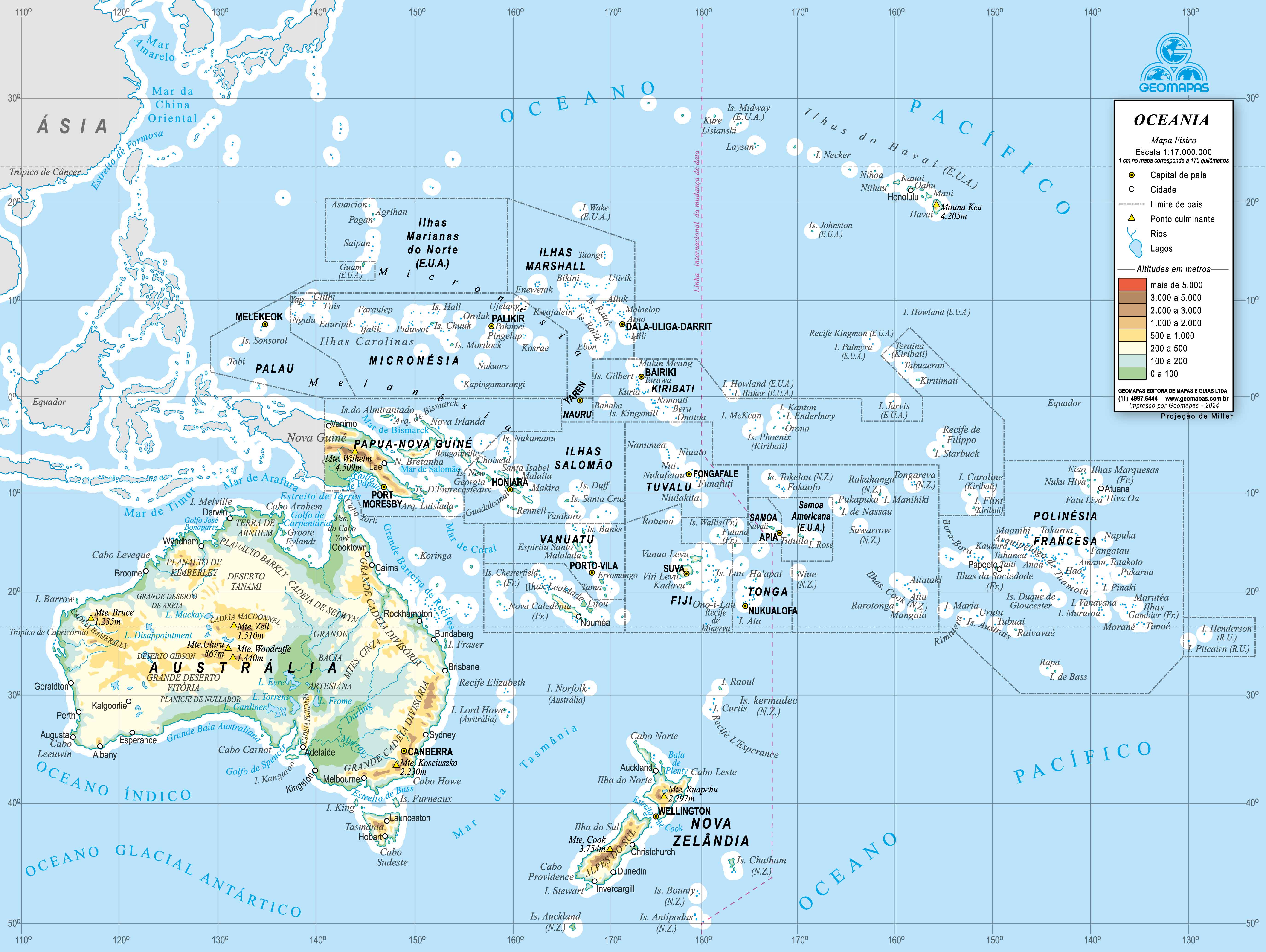 Ref. 032-61 Mapa da Oceania Físico - Formato 0,395x0,297m