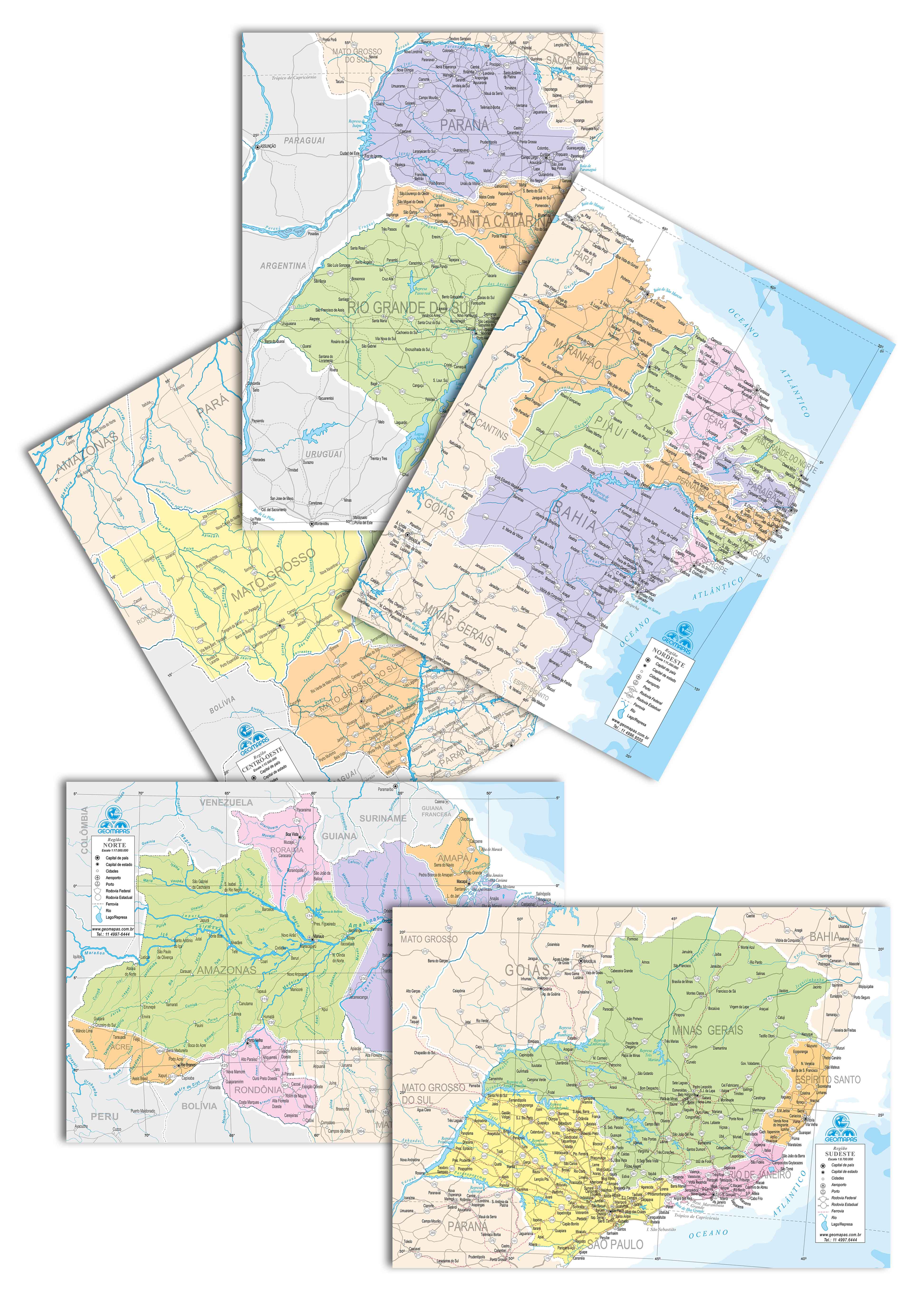 Ref. 033-61 Conjunto-Mapas das Regiões do Brasil-Políticos - Formato 0,145x0,20m