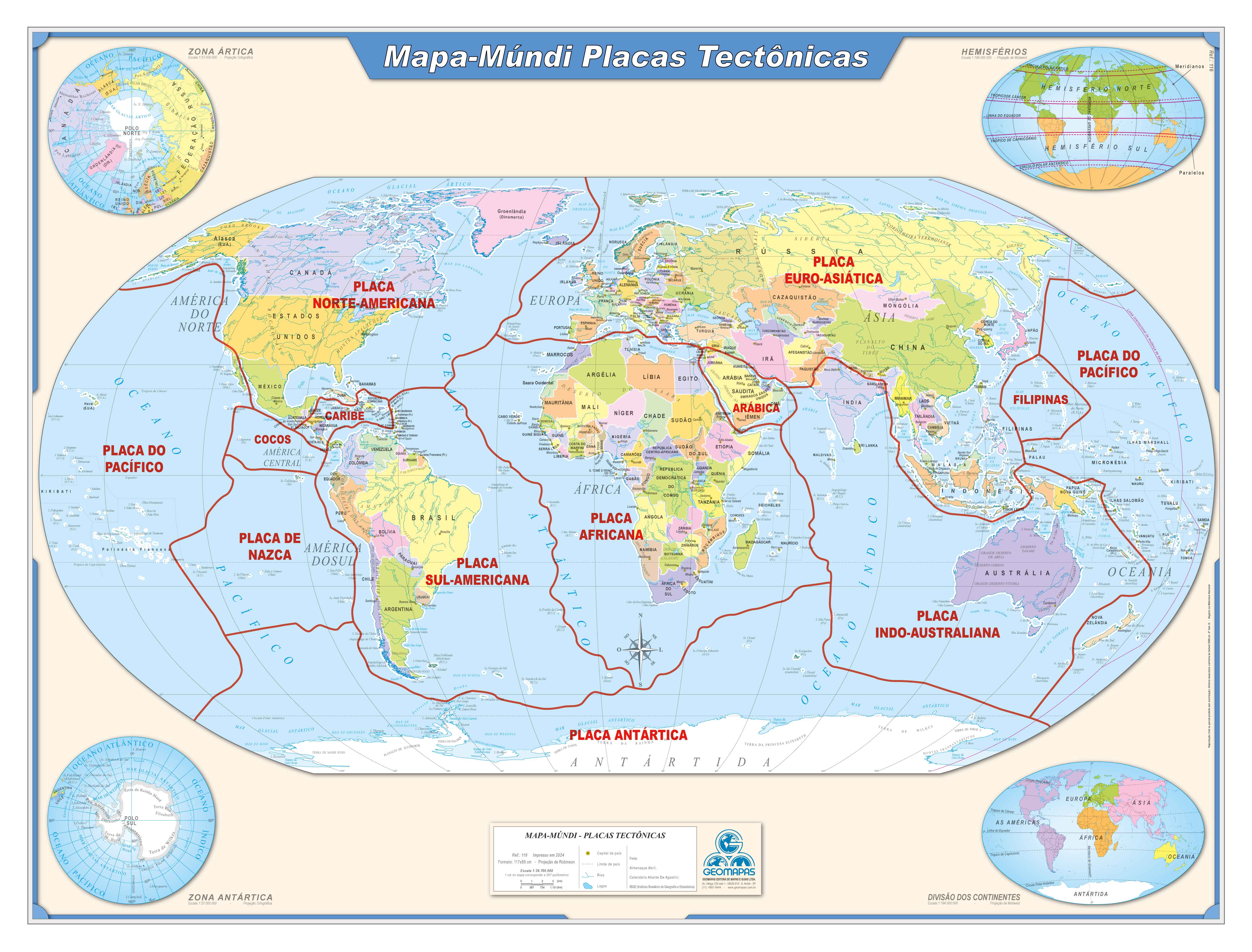 Ref. 116  Mapa-Múndi Placas Tectônicas - Formato 1.20x0.90m