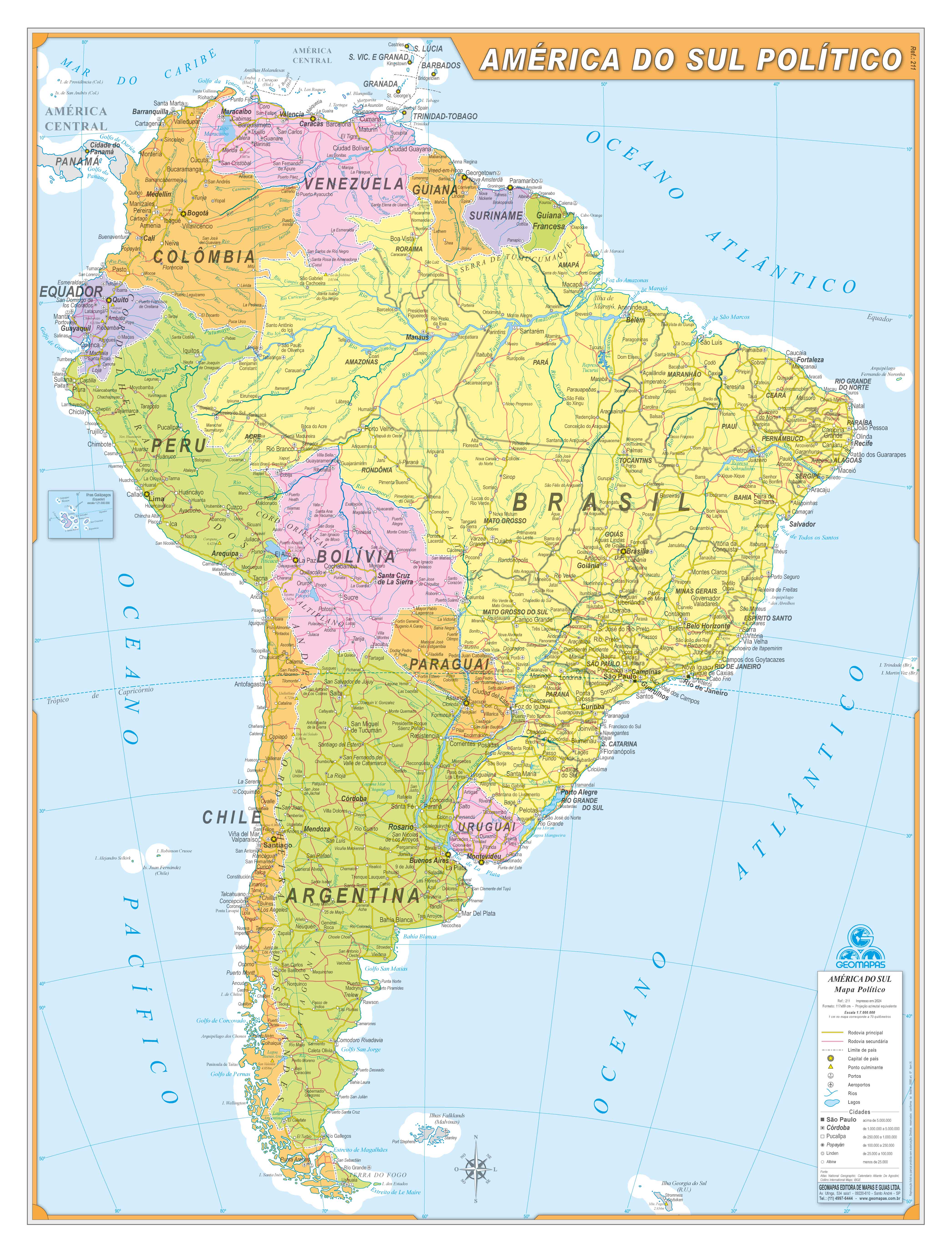 Ref. 211  Mapa América do Sul Político - Formato 0,90x1,20m