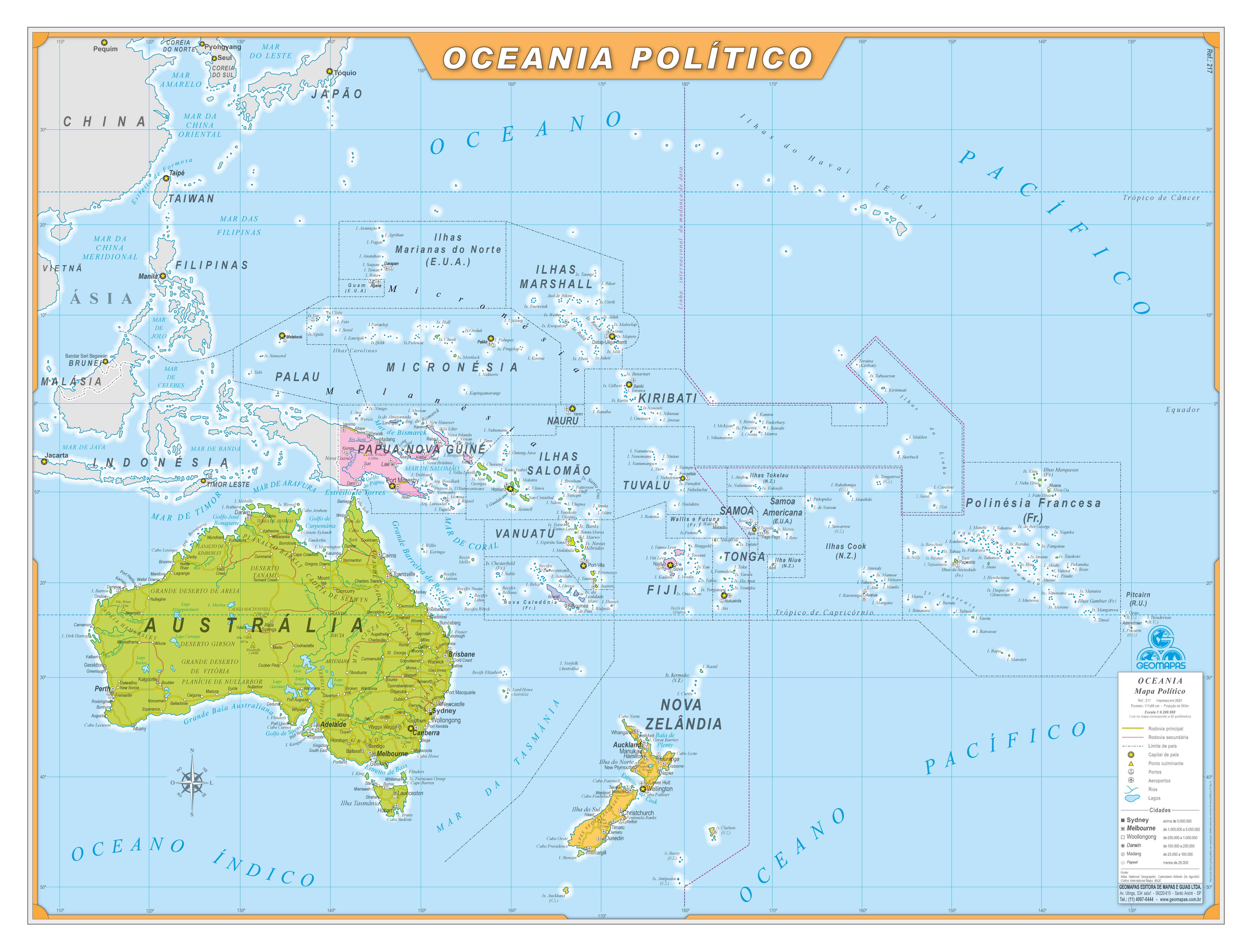 Ref. 217  Mapa da Oceania Político - Formato 1,20x0,90m