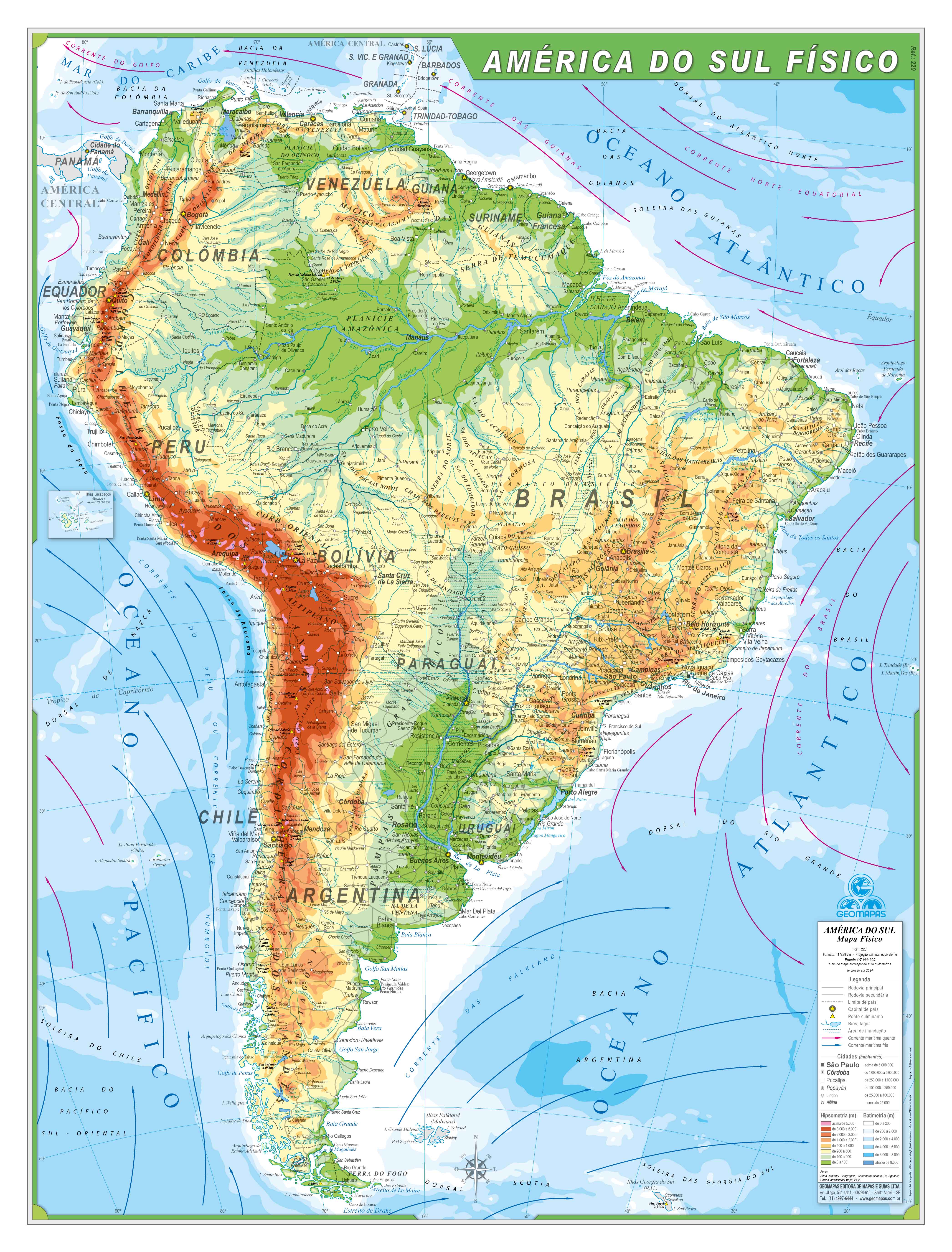 Ref. 220 Mapa América do Sul Físico - Formato 0,90x1,20m