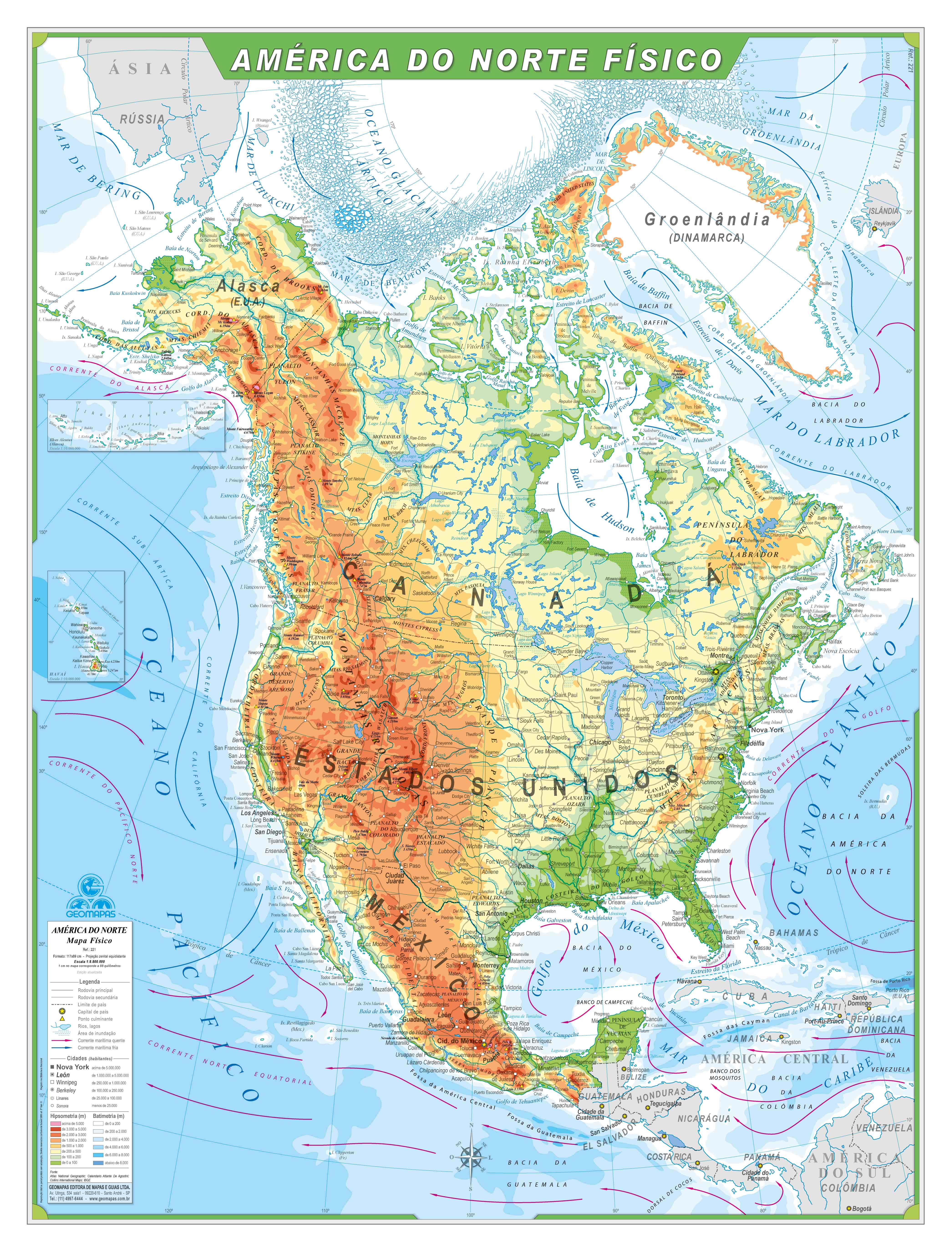 Ref. 221  Mapa América do Norte Físico - Formato 0,90x1,20m