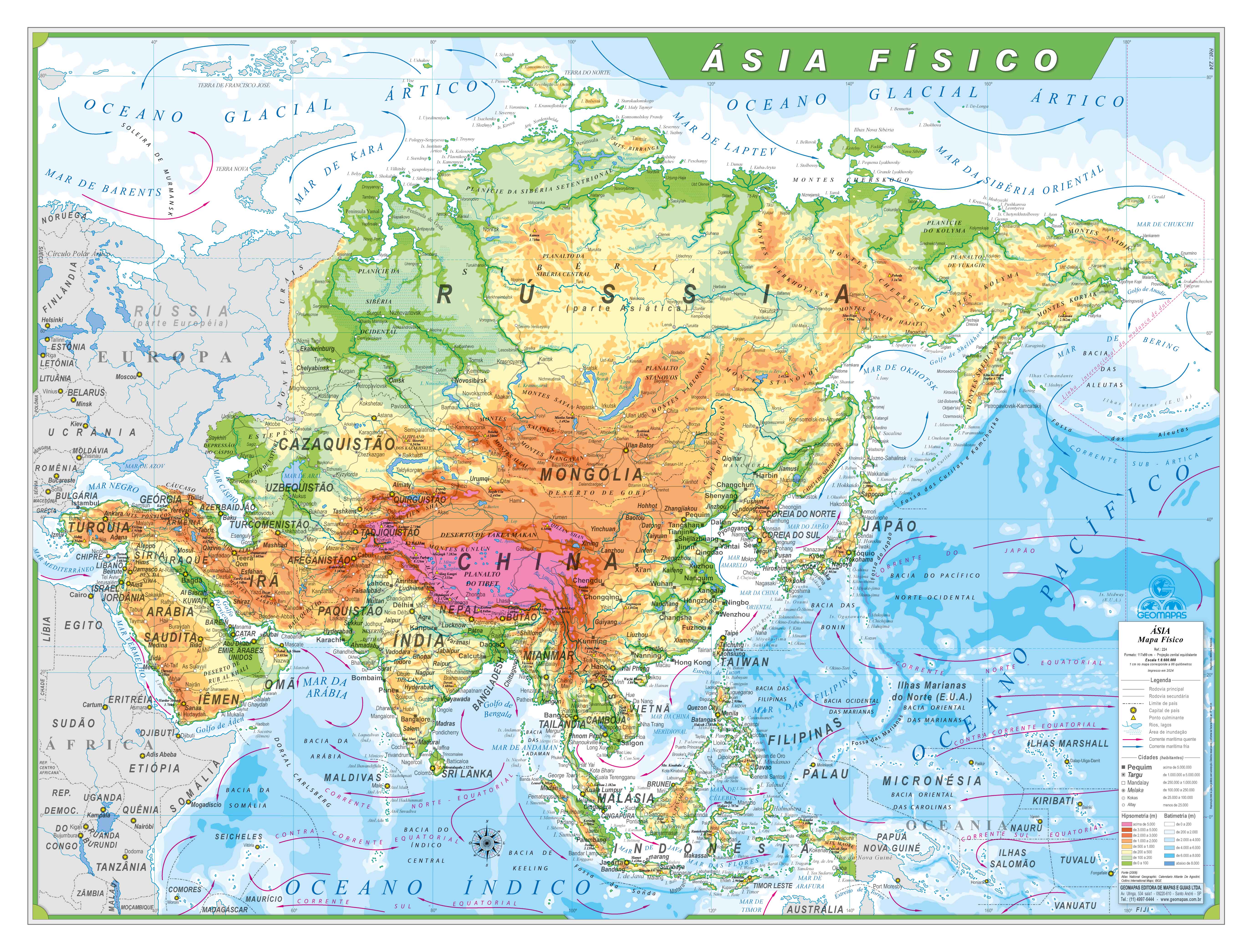 Ref. 224 Mapa da Ásia Físico - Formato 1,20x0,90m