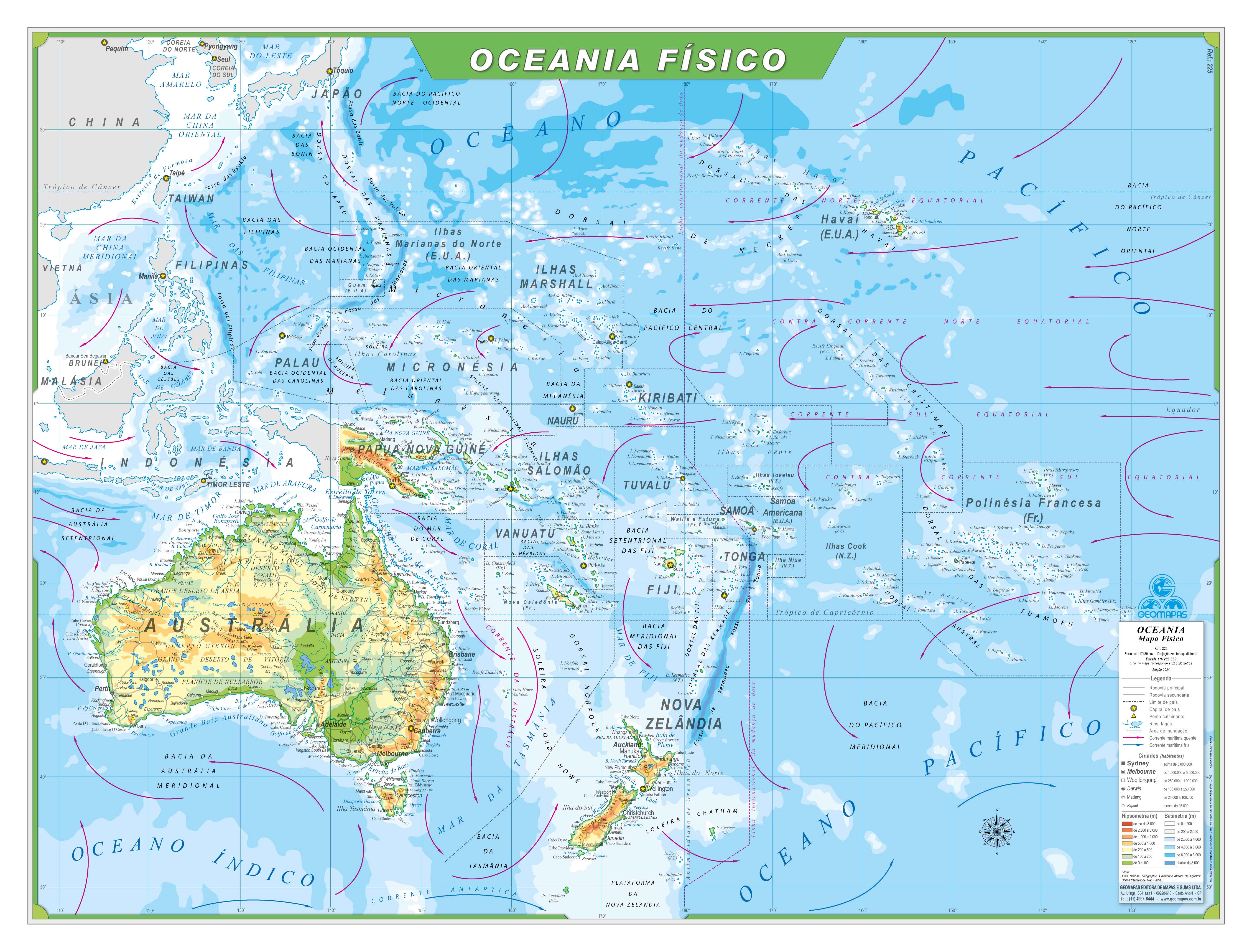 Ref. 225   Mapa da Oceania Físico - Formato: 1,20x0,90m