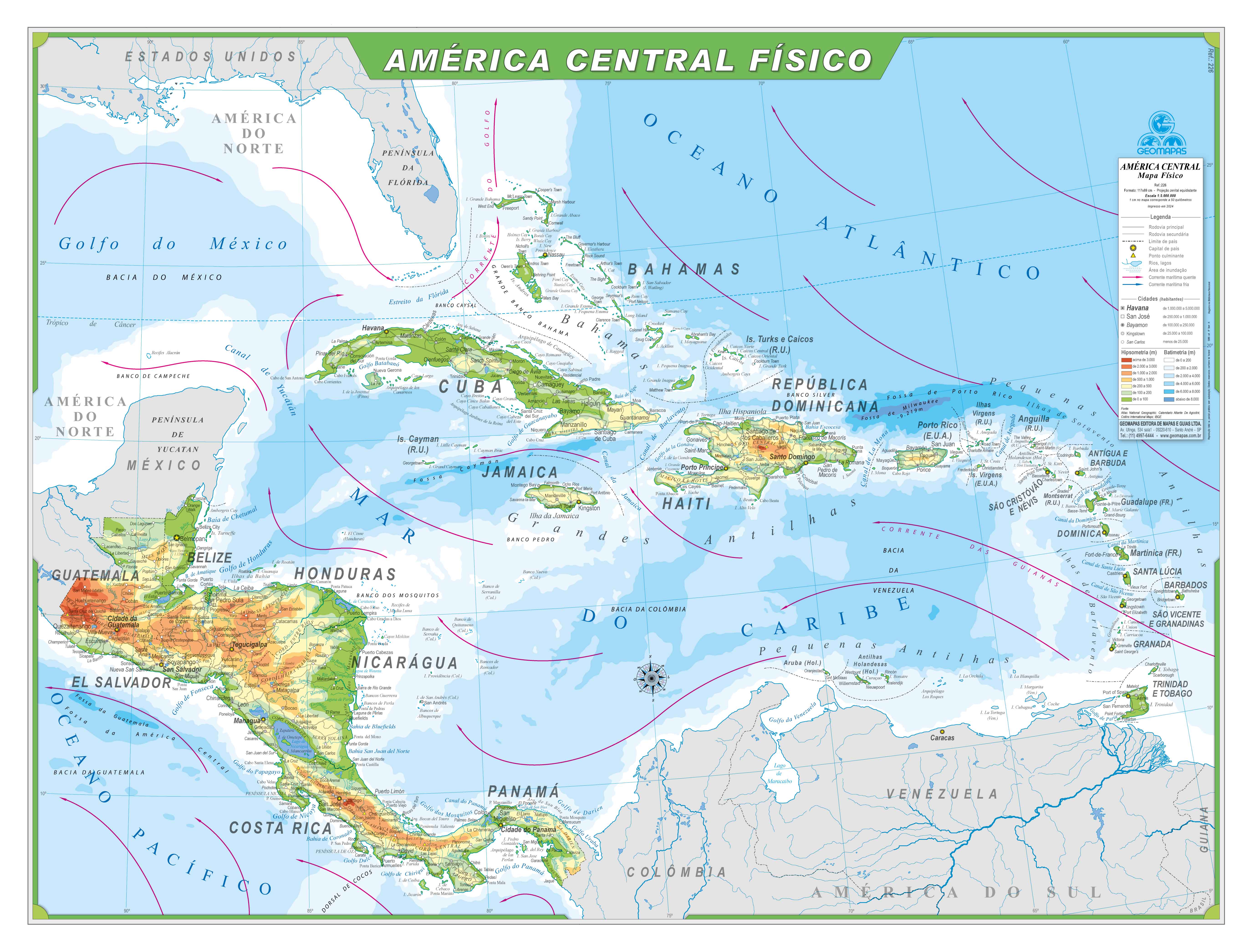 Ref. 226  Mapa da América Central Físico - Formato 1,20x0,90m