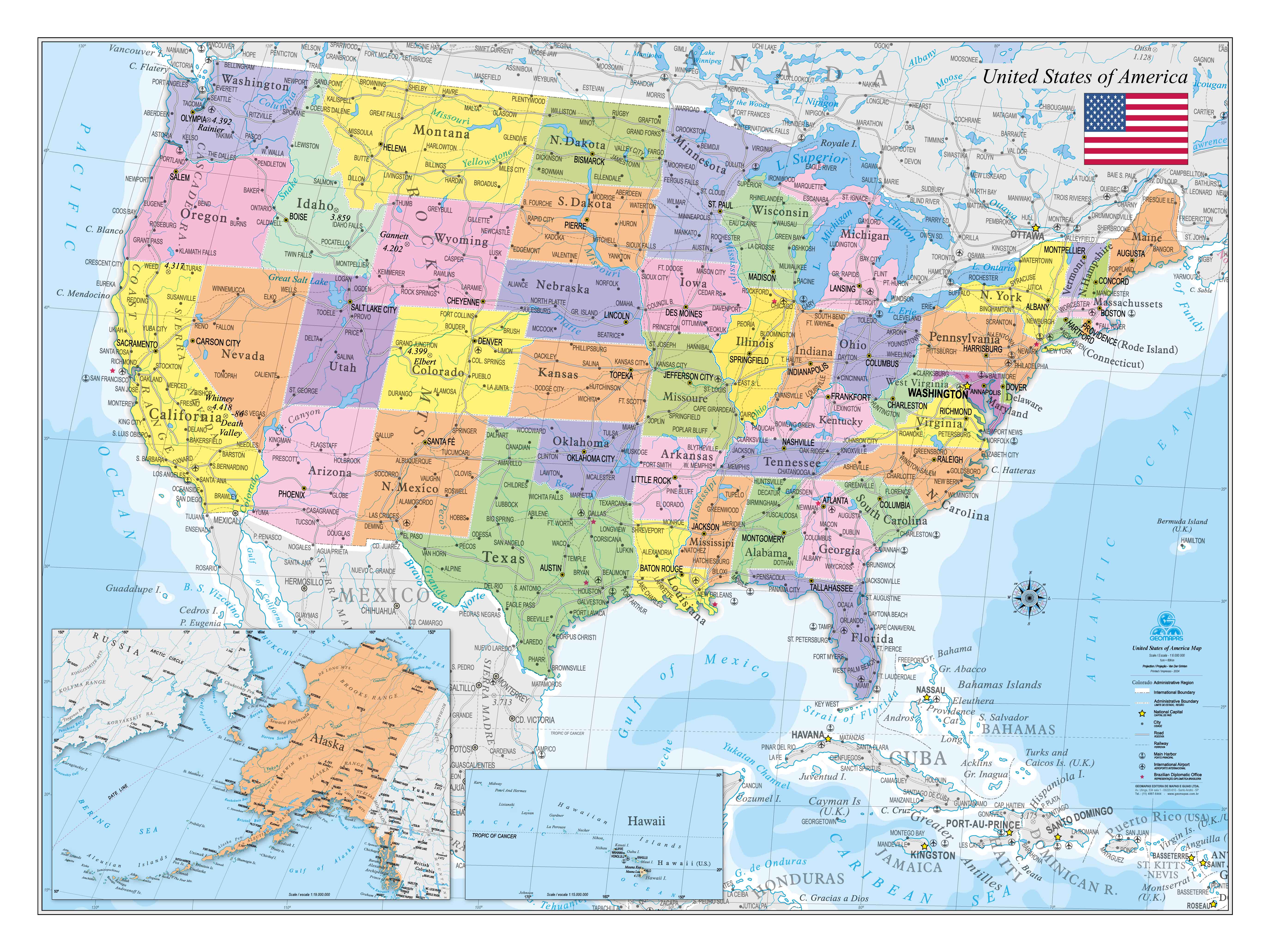 Ref. 229  Mapa dos Estados Unidos Pol. e Rod.  Formato: 1.20x0.90m