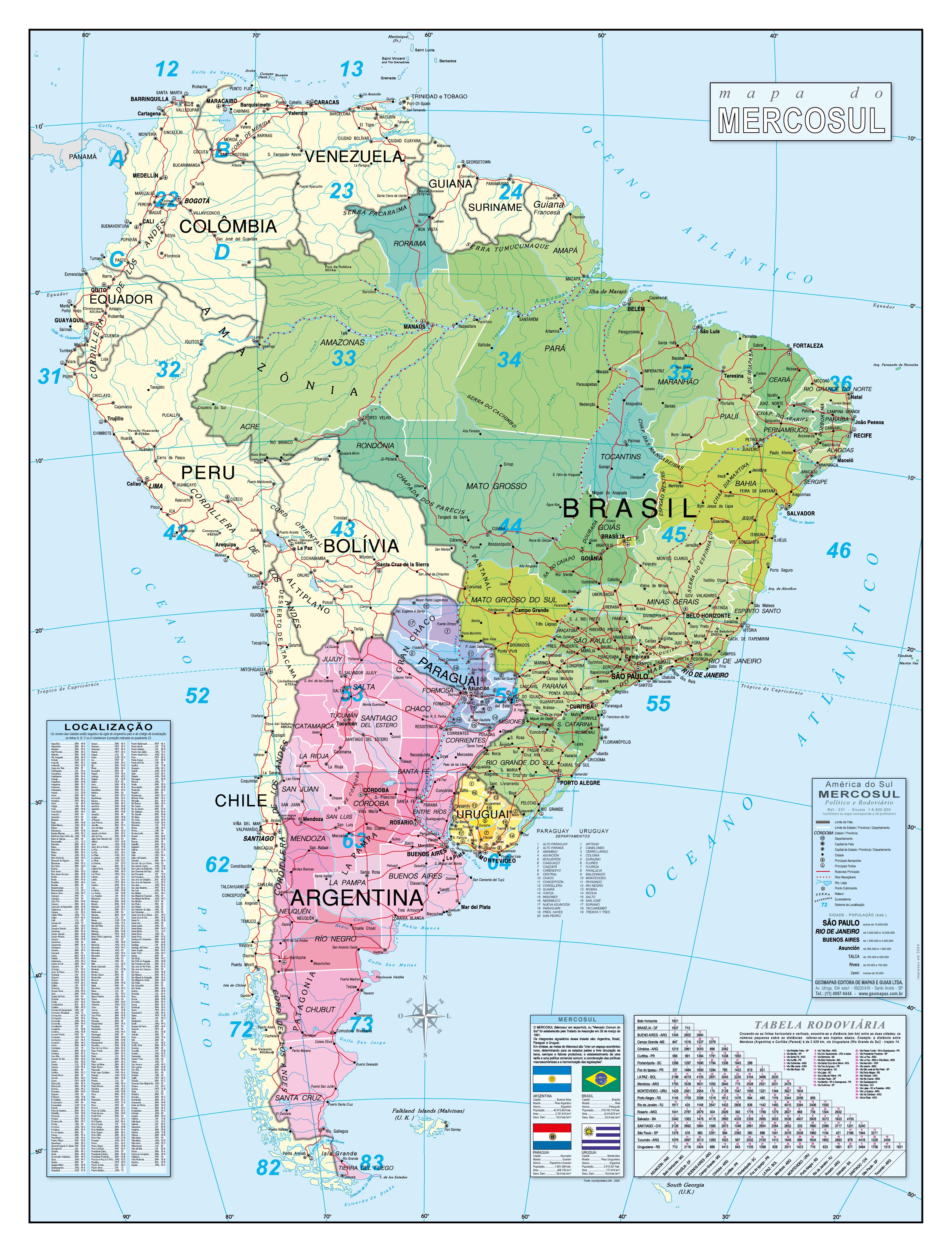 Ref. 231  Mapa do Mercosul Político - Formato: 0,90x1,20m