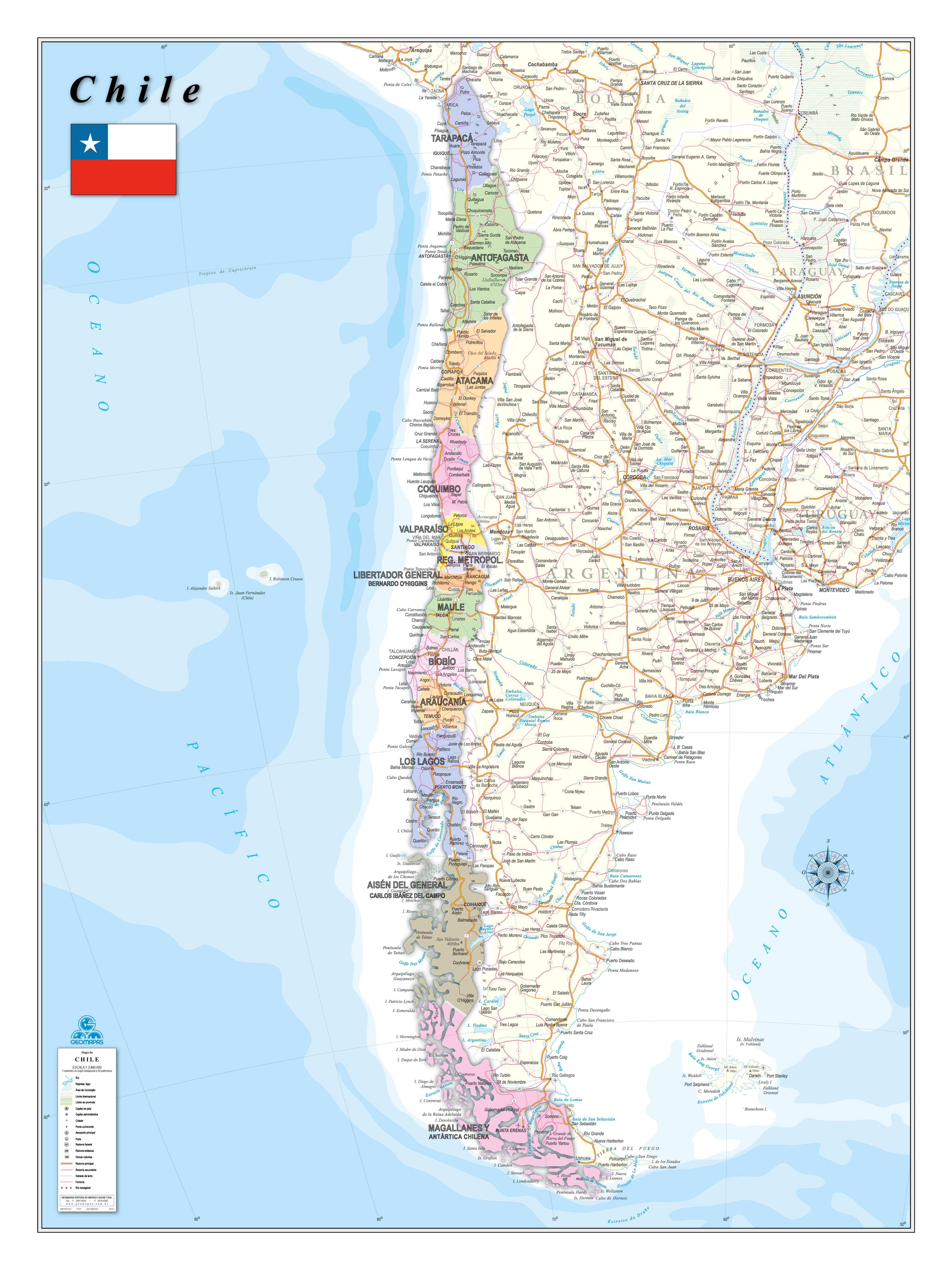 Ref. 235 Mapa do Chile Político e Rodoviário - Formato 0.90x1.20m