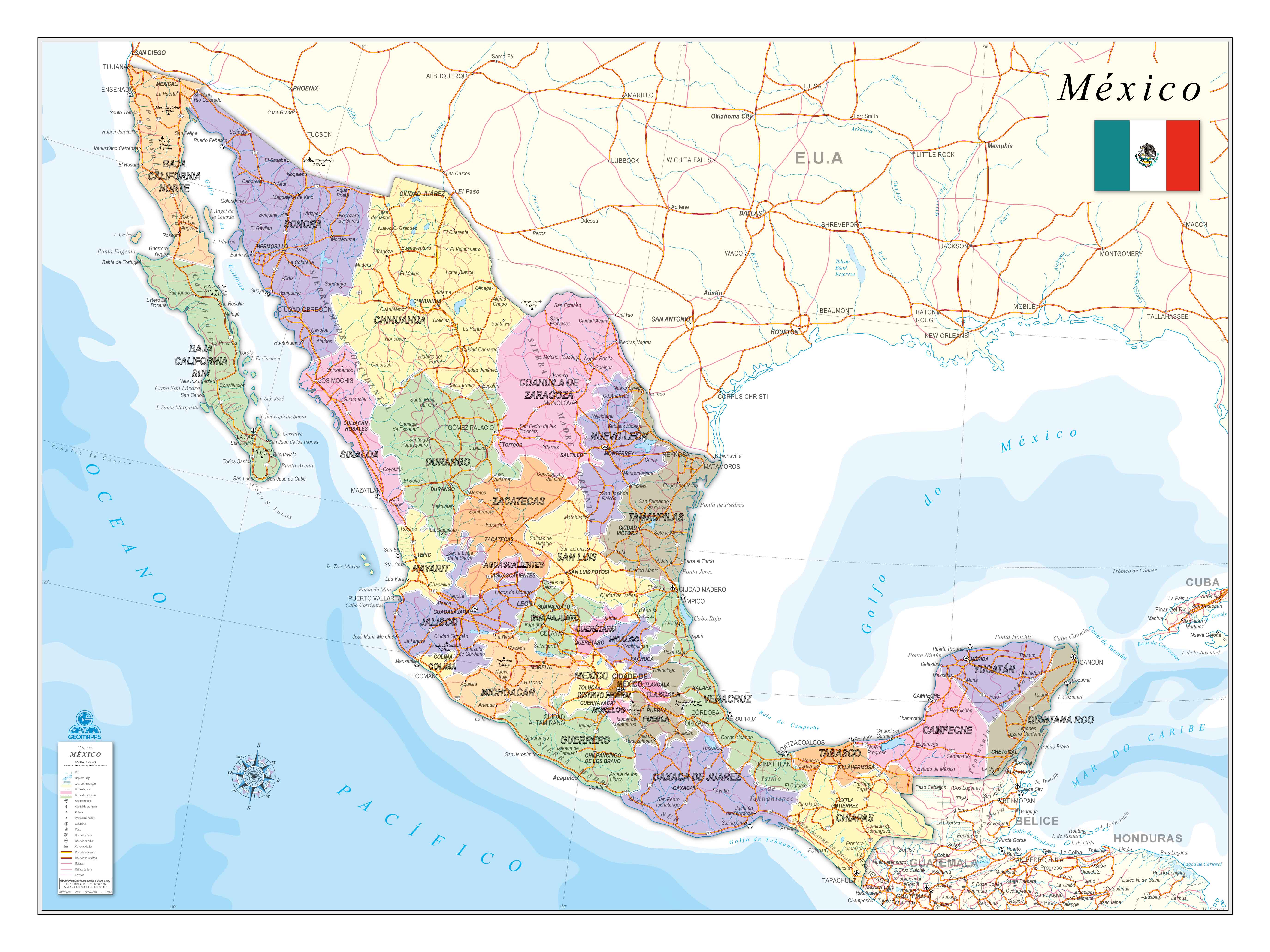 Ref. 239  Mapa do México Político Rodoviário - Formato 1.20x0.90m