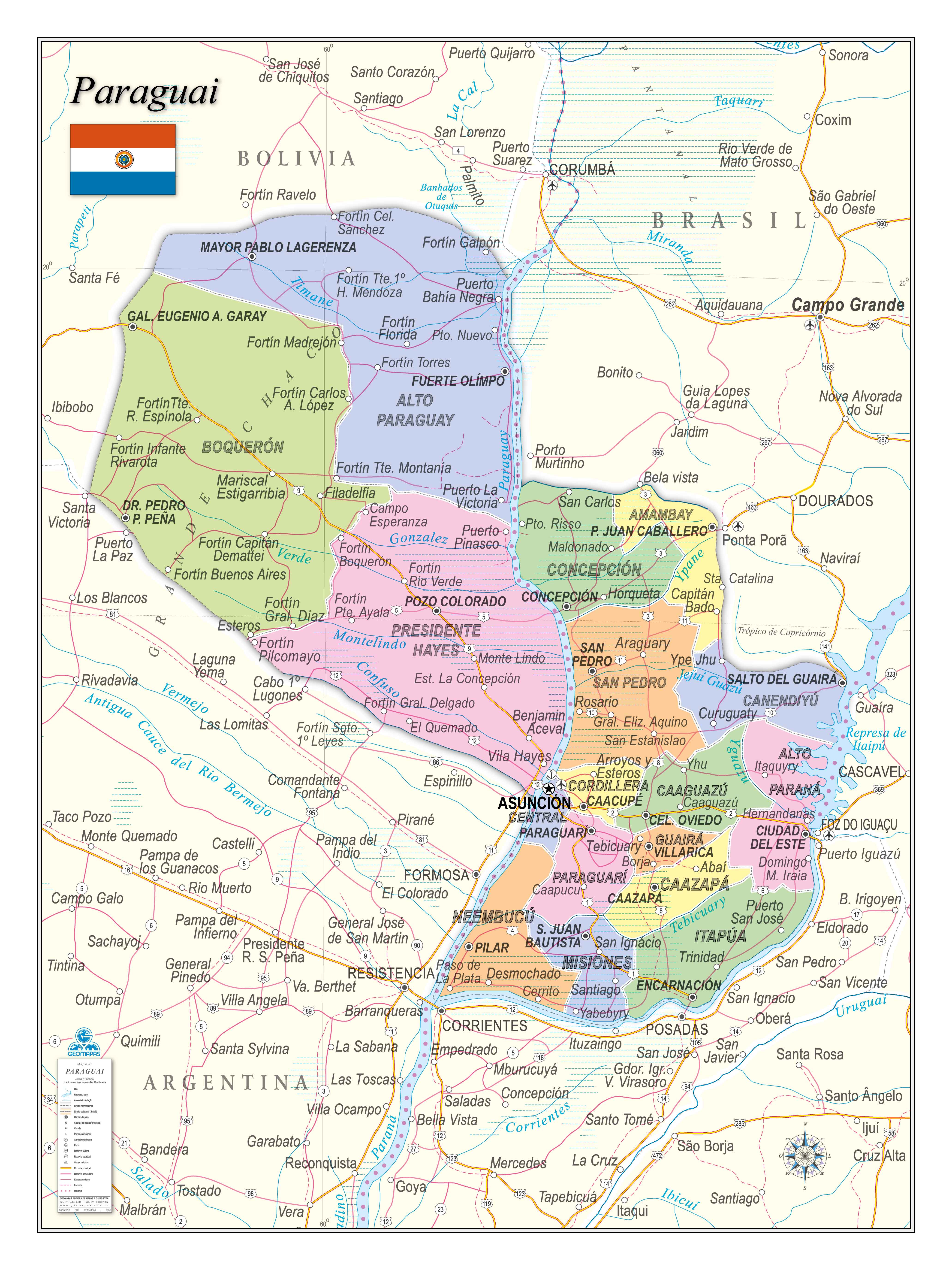 Ref. 240 Mapa do Paraguai Pol. e Rod. - Formato 0.90x1.20m