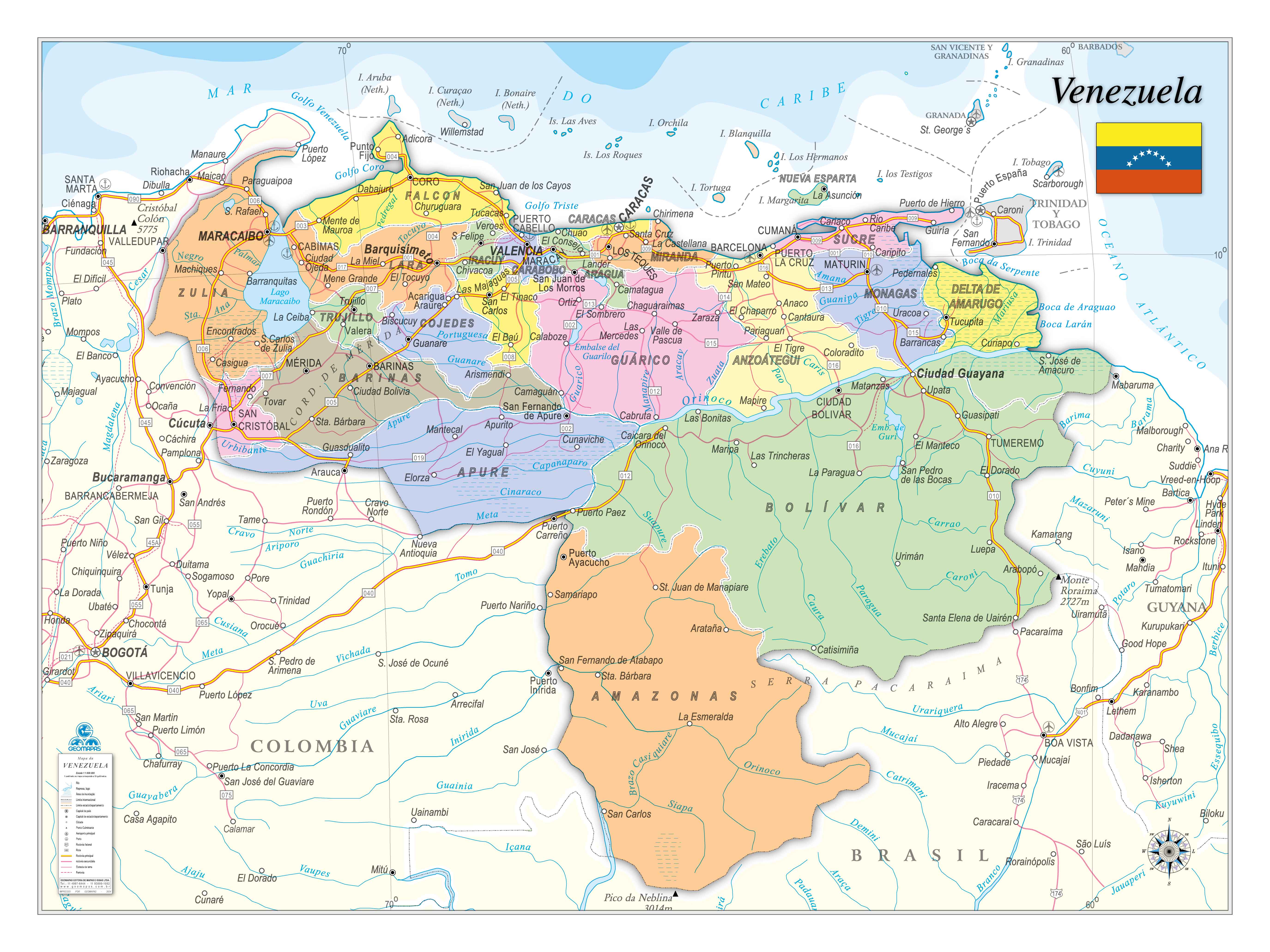 Ref. 243  Mapa da Venezuela Pol. e Rod. - Formato  1.20x0.90m