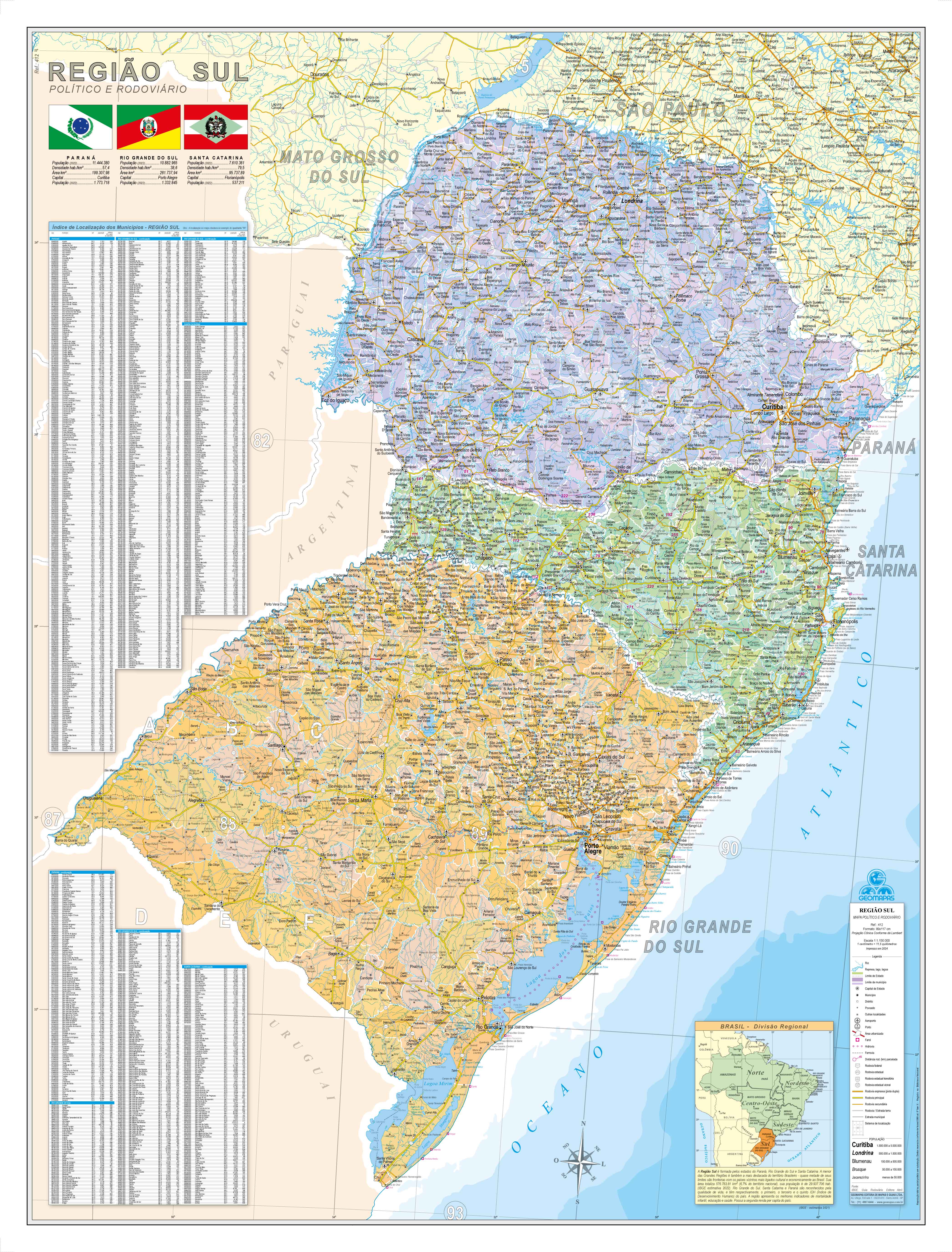 Ref. 412 Mapa da Região Sul do Brasil - Formato 0.90x1.20m