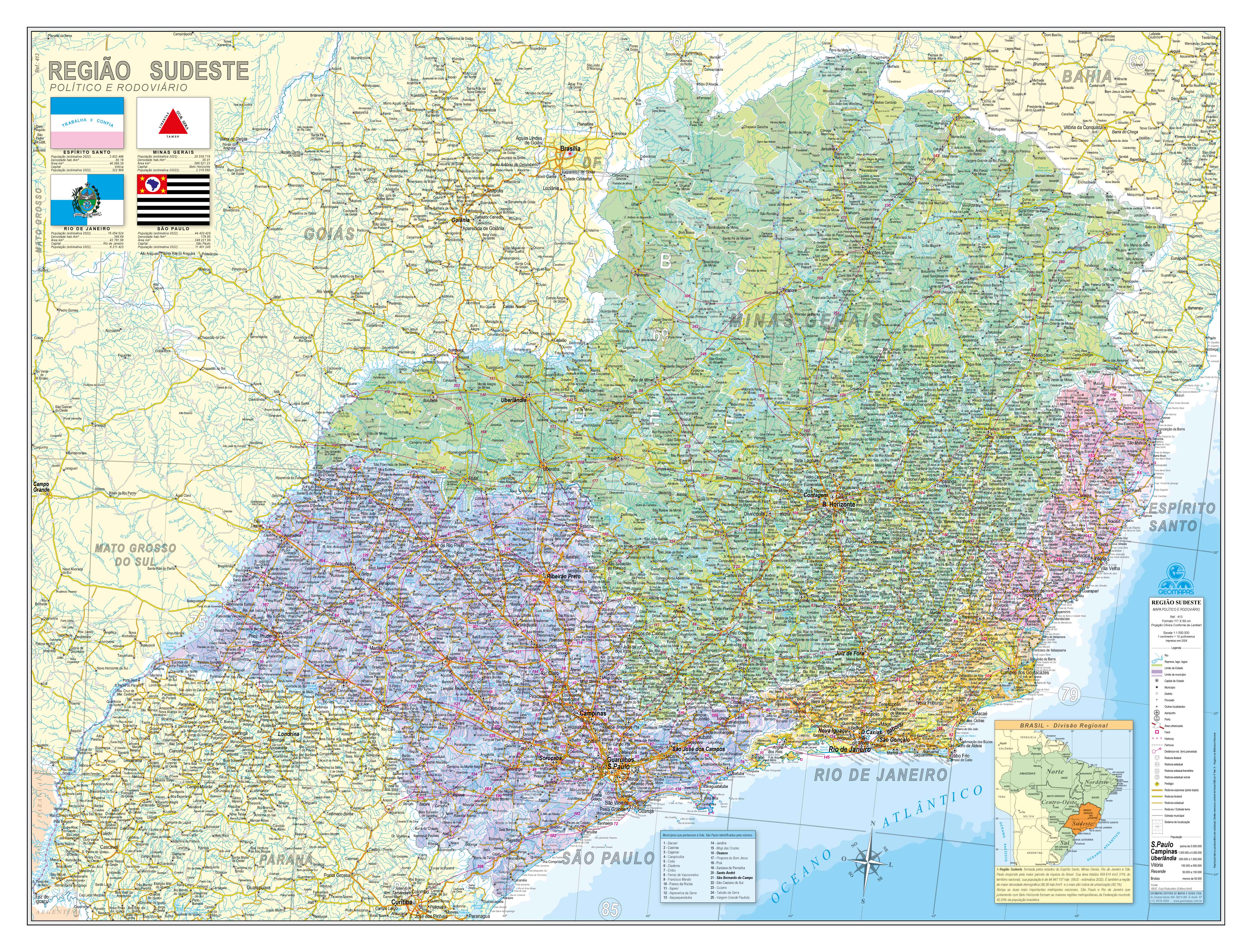 Ref. 413 Mapa da Região Sudeste do Brasil - Formato 1.20x0.90m