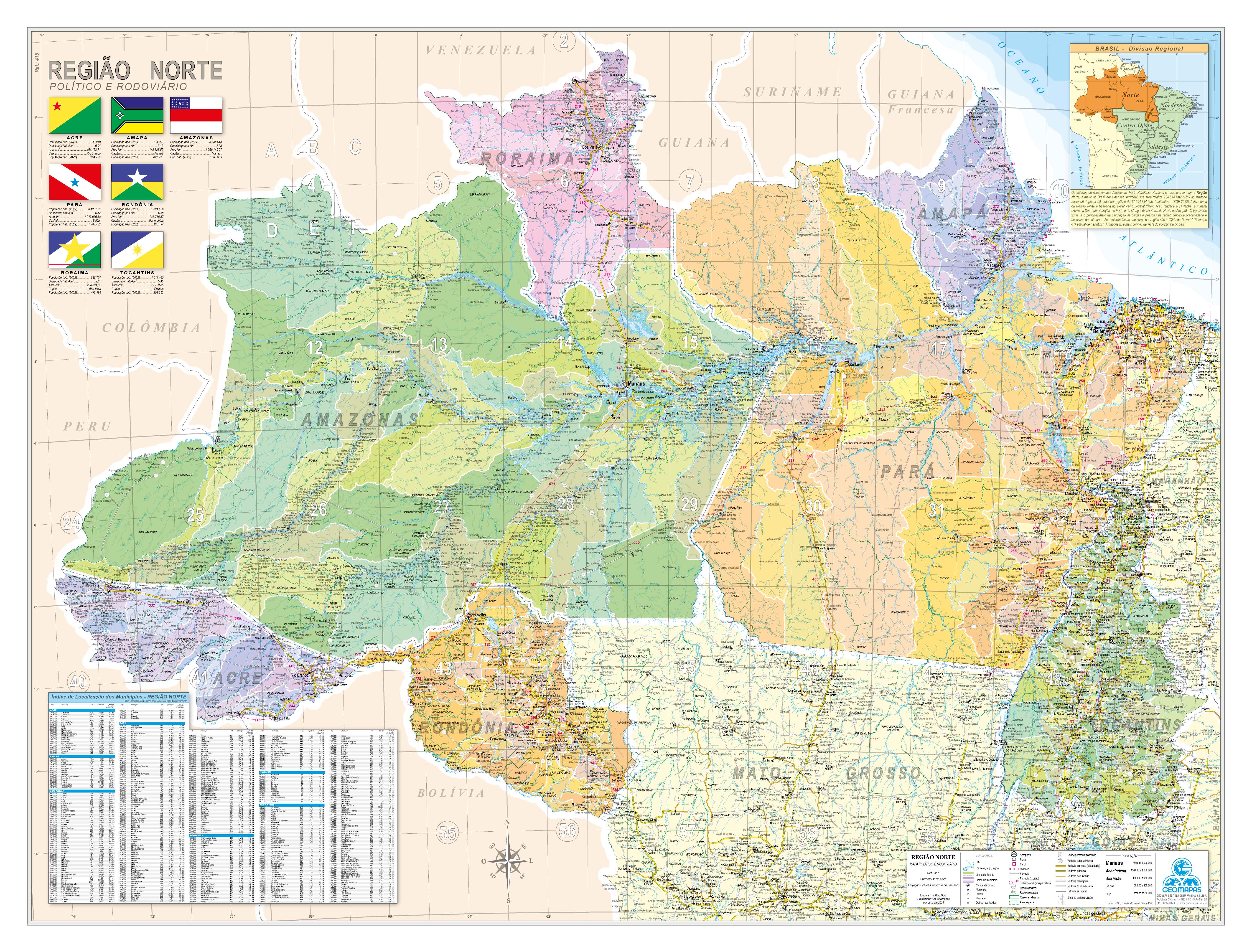 Ref. 415 Mapa da Região Norte do Brasil - Formato 1,20x0,90m