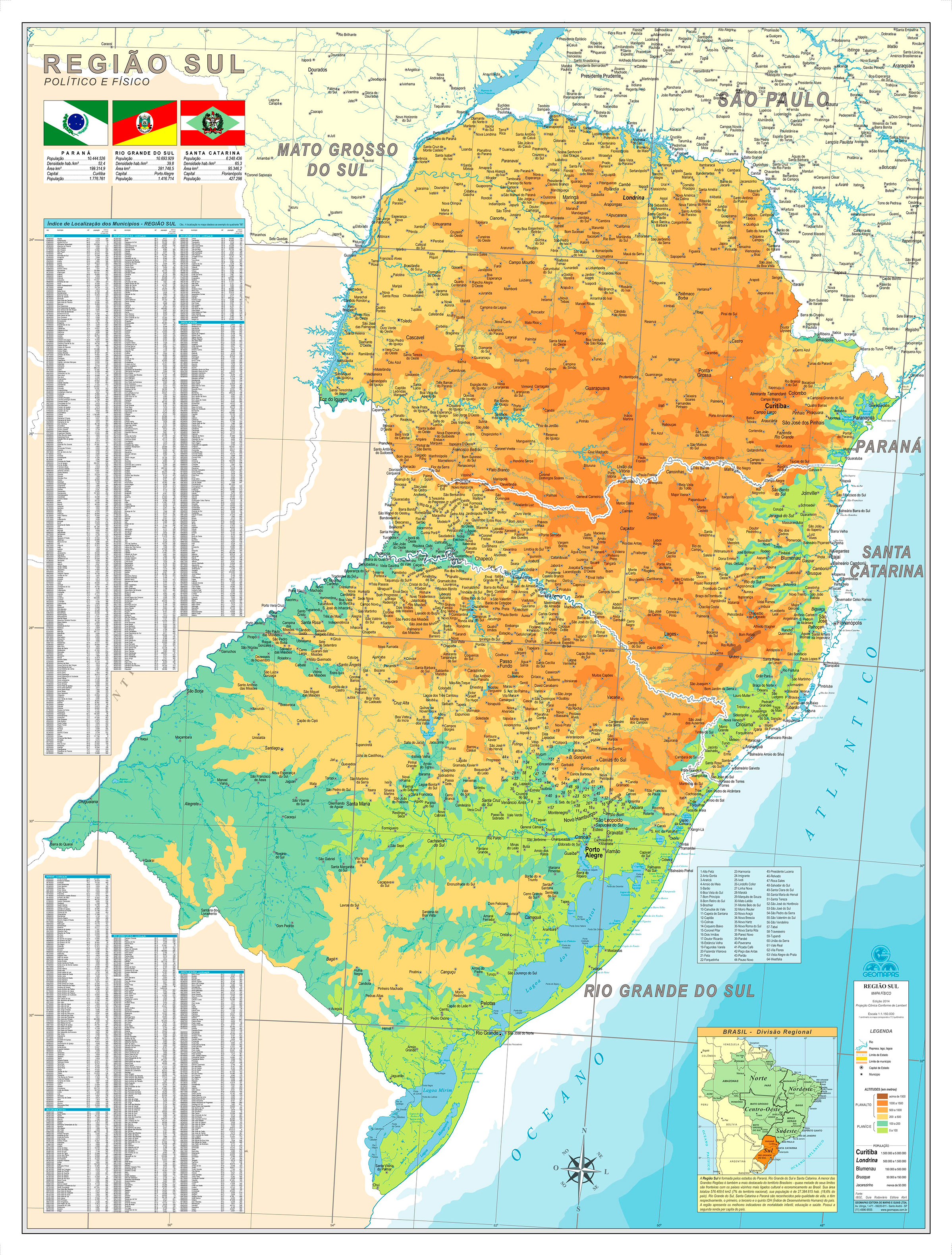 Ref. 417 Mapa da Região Sul do Brasil Físico - Formato 0,90x1,20m