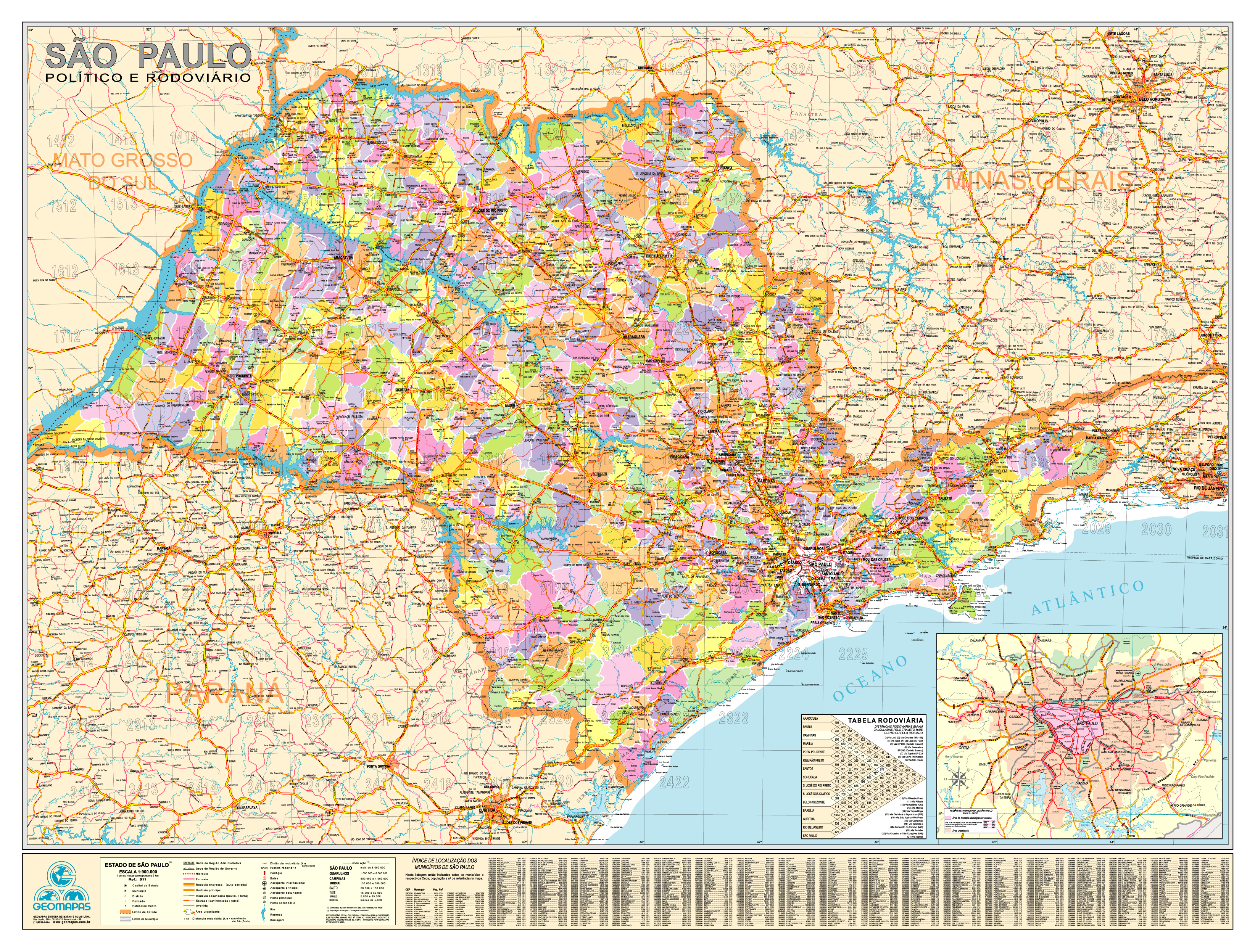 Ref. 511  Mapa do Estado de São Paulo Político e Rodoviário - Formato: 1.20x0.90m