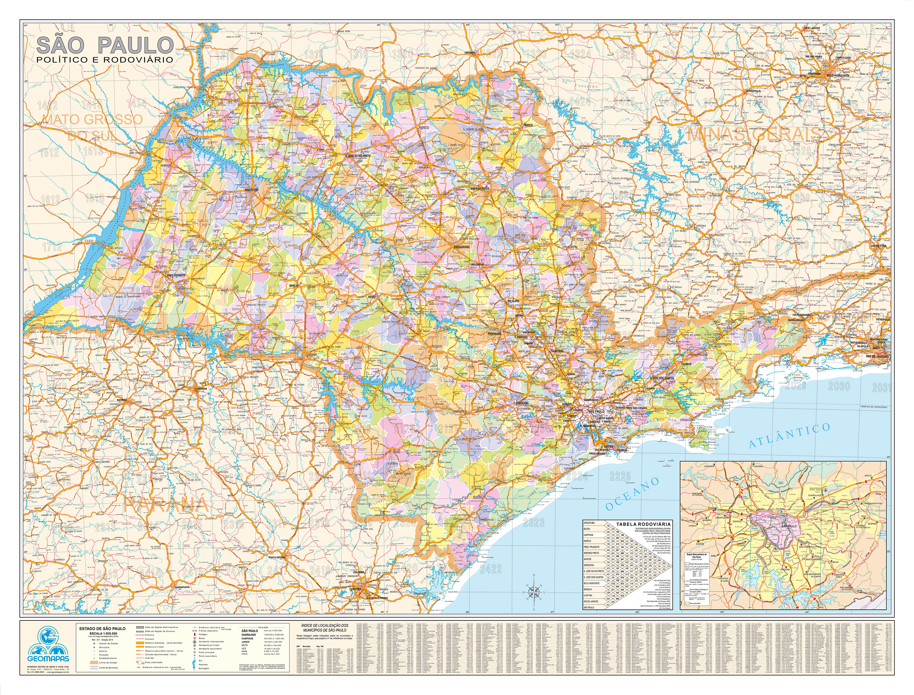 Ref. 511 Mapa do Estado de São Paulo Político e Rodoviário - Formato: 1.20x0.90m