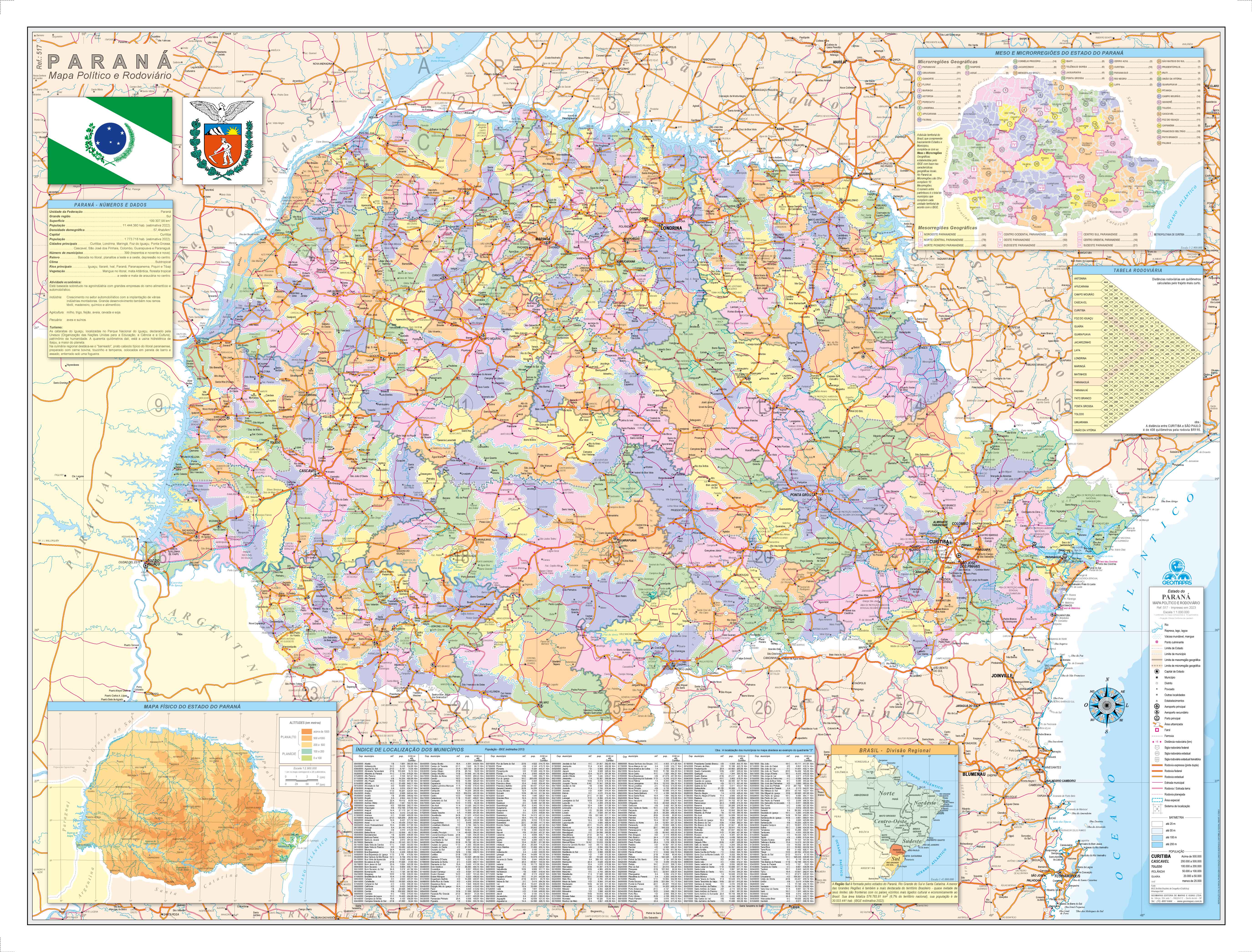 Ref. 517 Mapa do Estado do Paraná Político e Rodoviário - Formato:1.20x0.90m