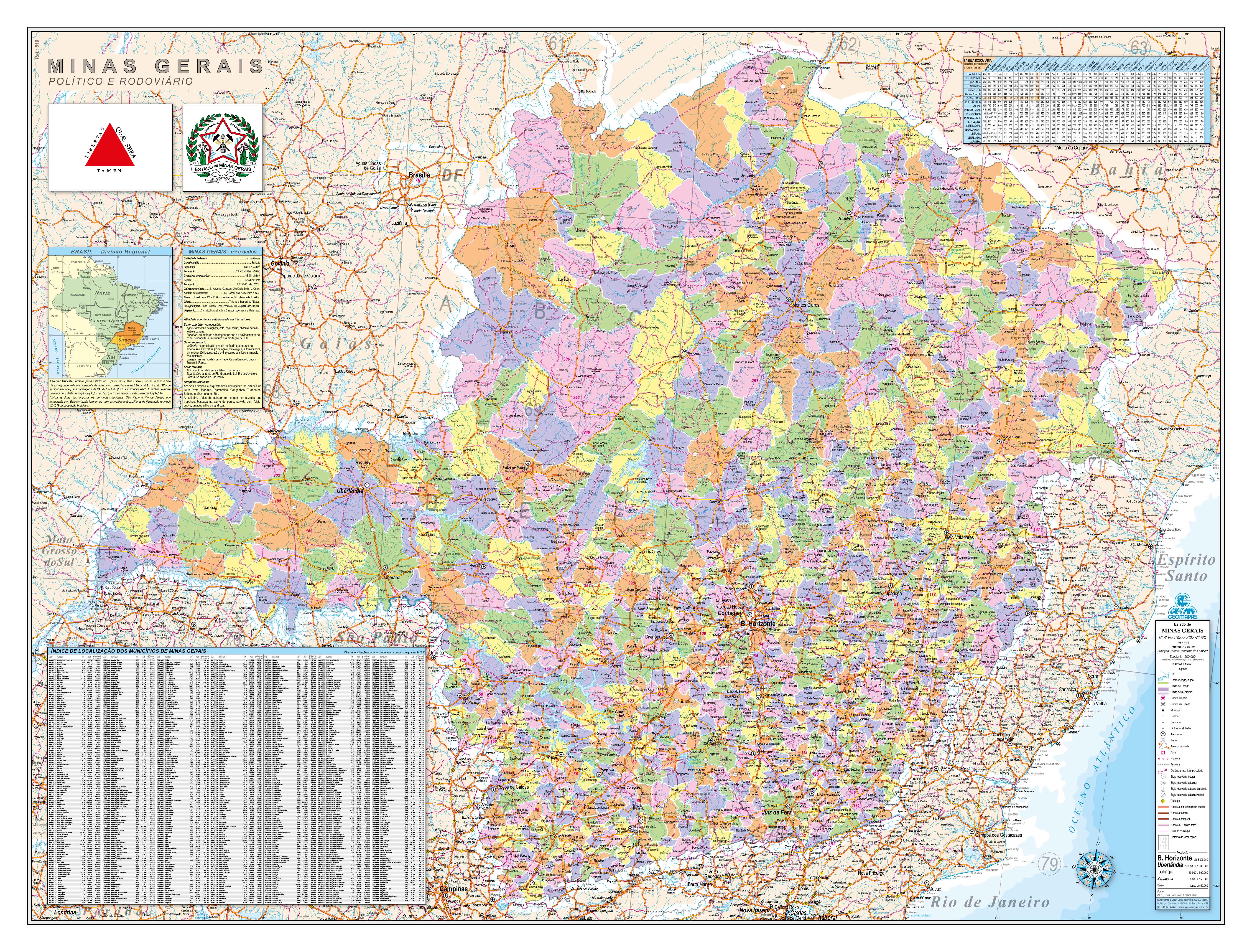 Ref. 519  Mapa do Estado de Minas Gerais Pol. e Rod.  Formato:1.20x0.90m