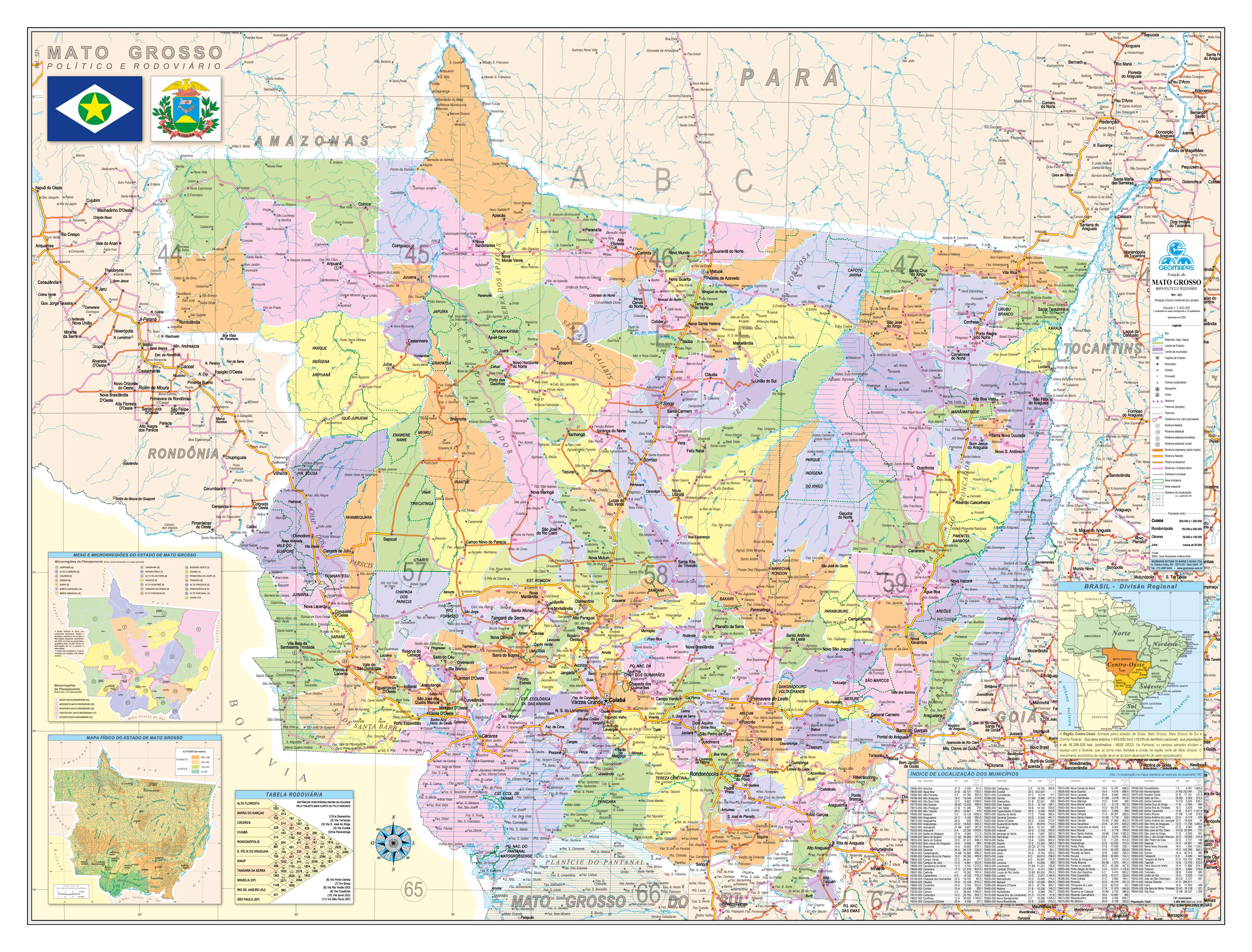 Ref. 521 Mapa do Estado do Mato Grosso Pol. e Rod.  Formato: 1.20x0.90m