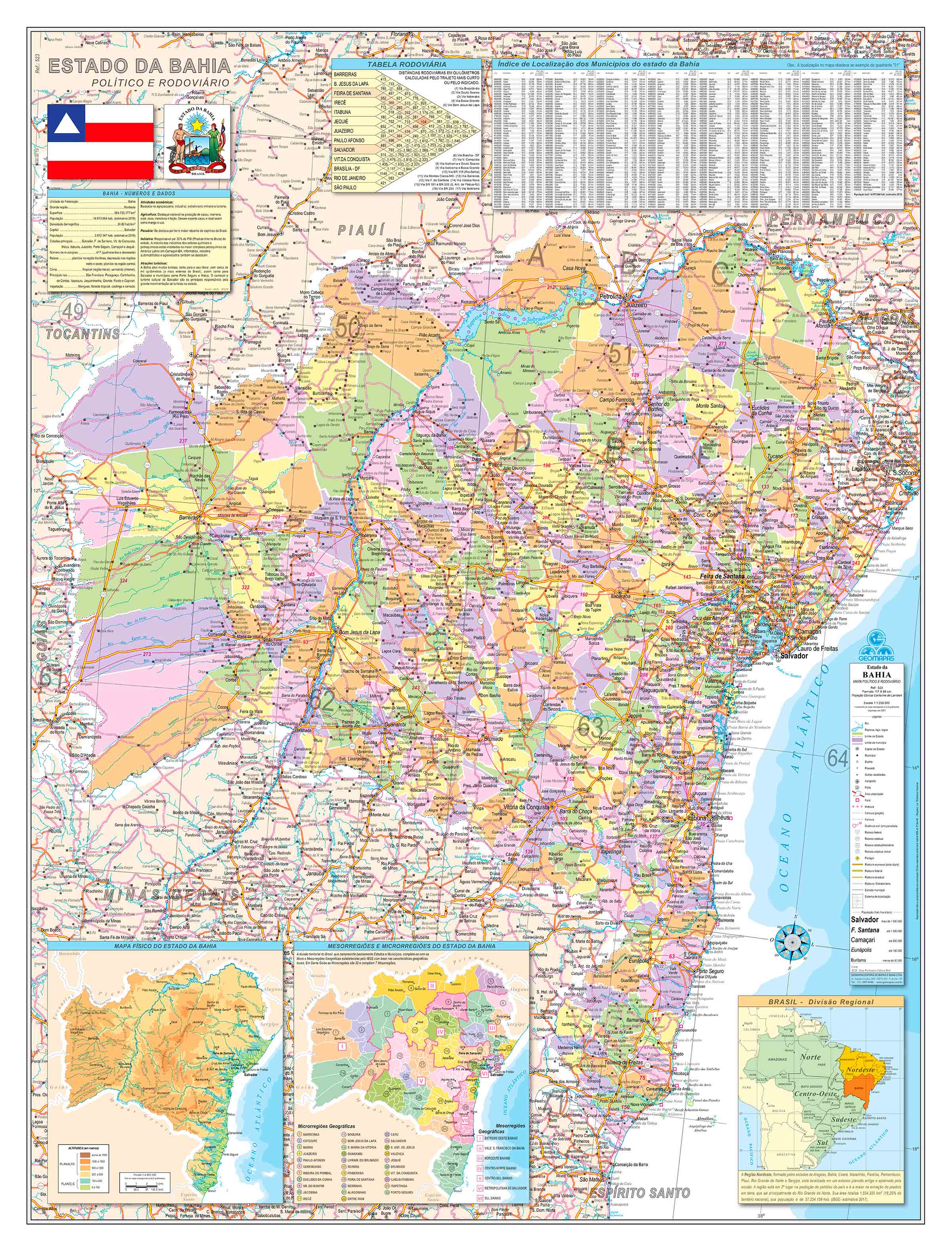 Ref. 523  Mapa do Estado da Bahia Político e Rodoviário - Formato 0,90x1,20m