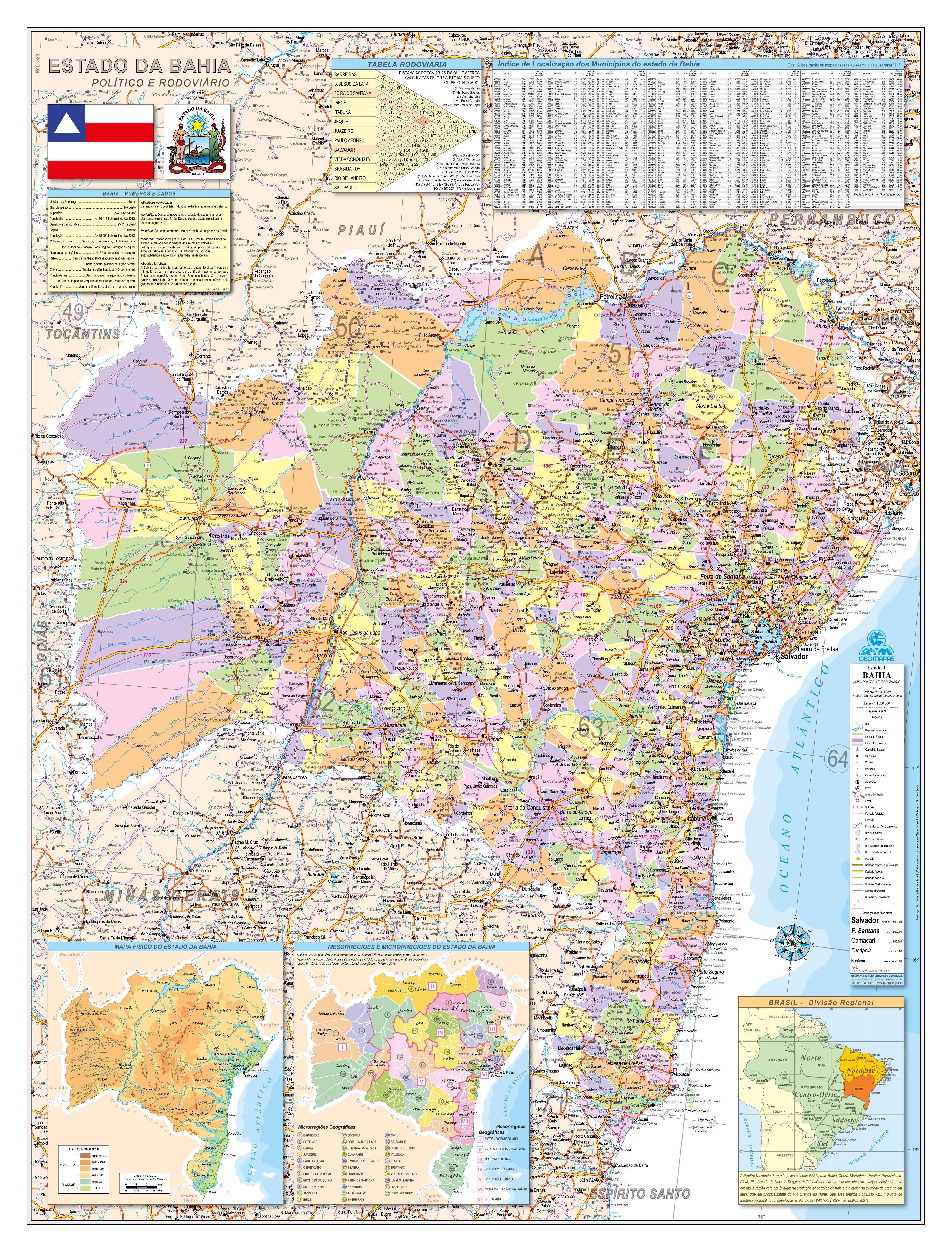 Ref. 523 Mapa do Estado da Bahia Político e Rodoviário - Formato 0,90x1,20m