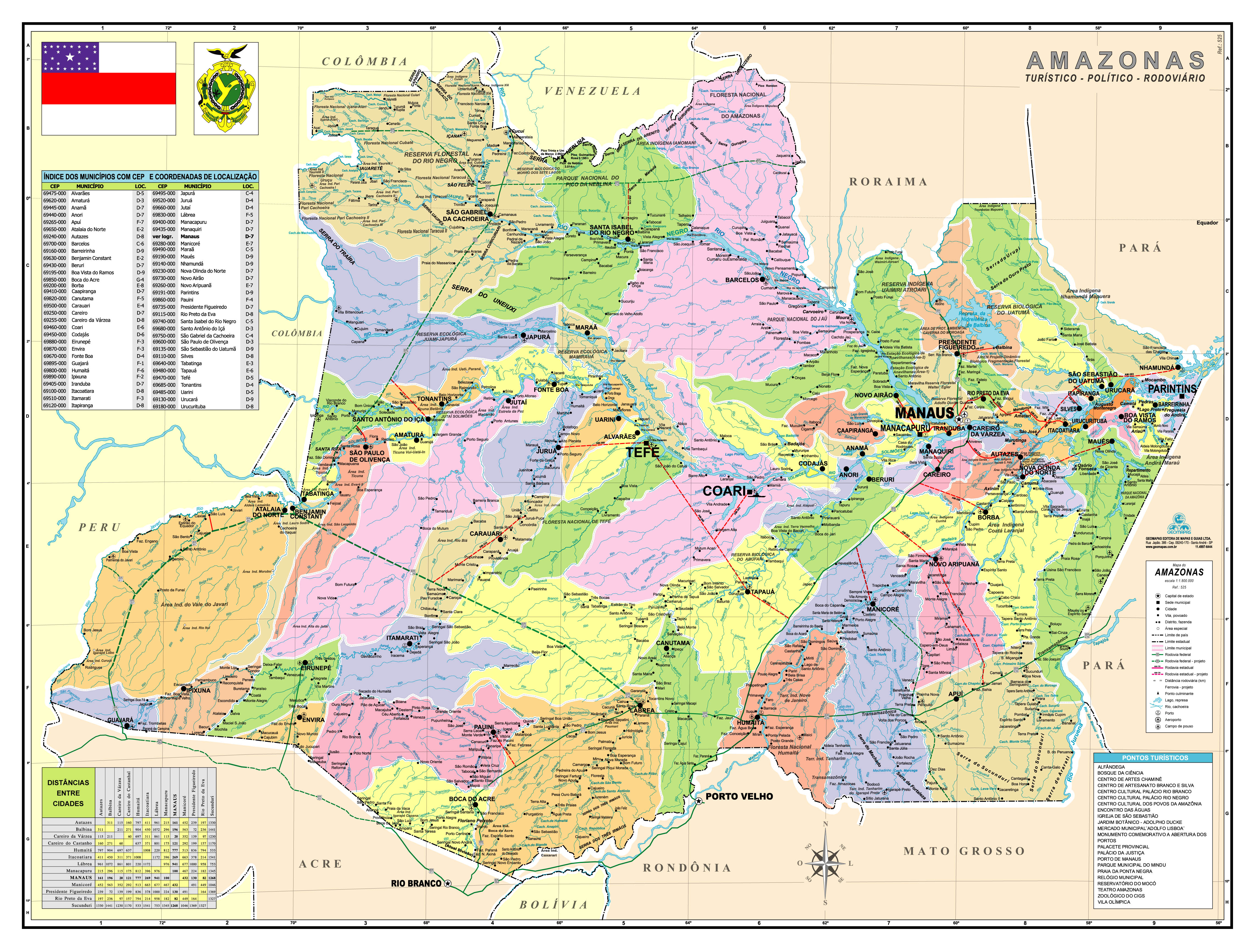 Ref. 525  Mapa do Estado do Amazonas Político e Rodoviário - Formato 1,20x0,90m