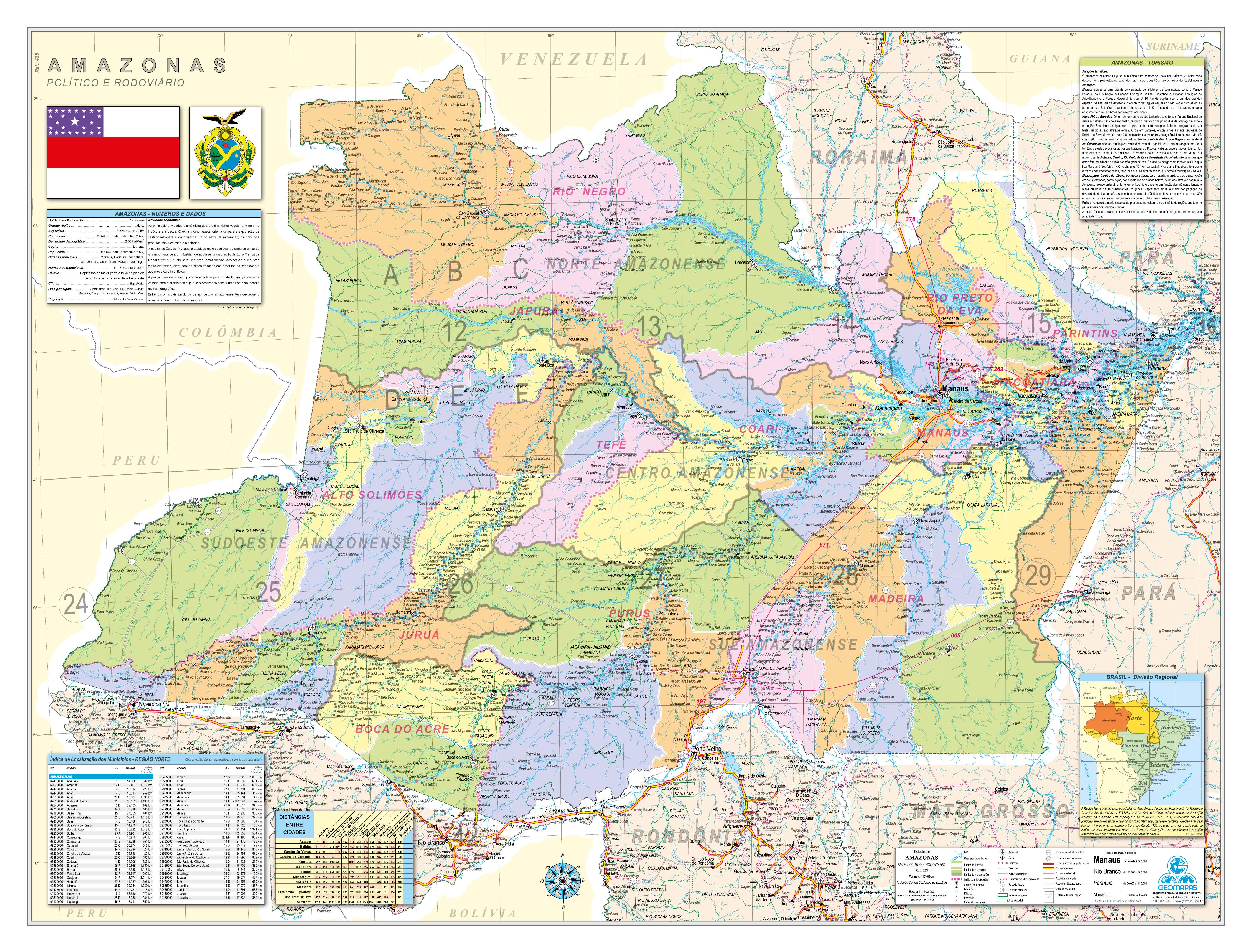 Ref. 525 Mapa do Estado do Amazonas Político e Rodoviário - Formato 1,20x0,90m