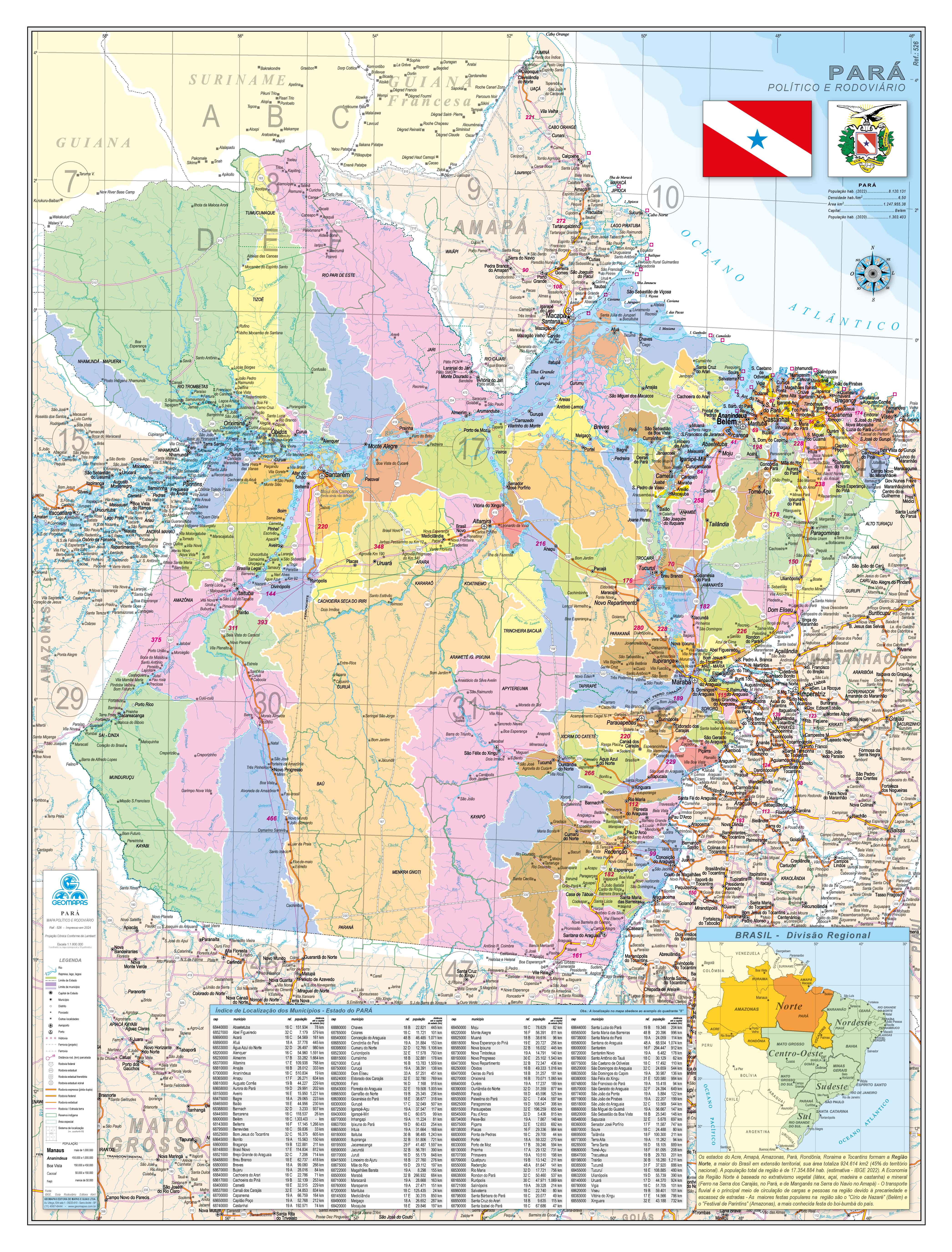 Ref. 526 Mapa do Estado do Pará Político e Rodoviário - Formato 0,90x1,20m