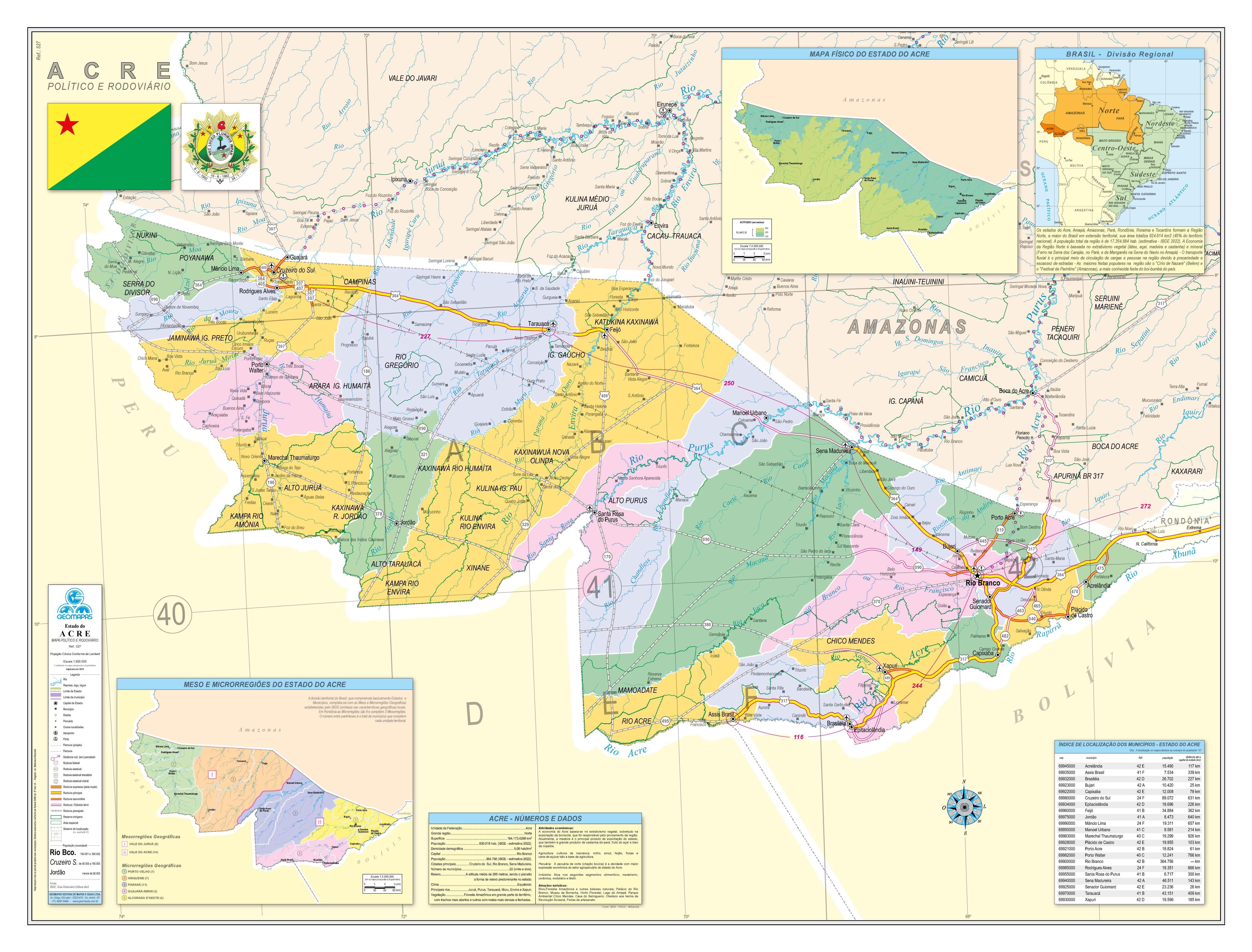 Ref. 527 Mapa do Estado do Acre Político e Rodoviário - Formato 1,20x0,90m