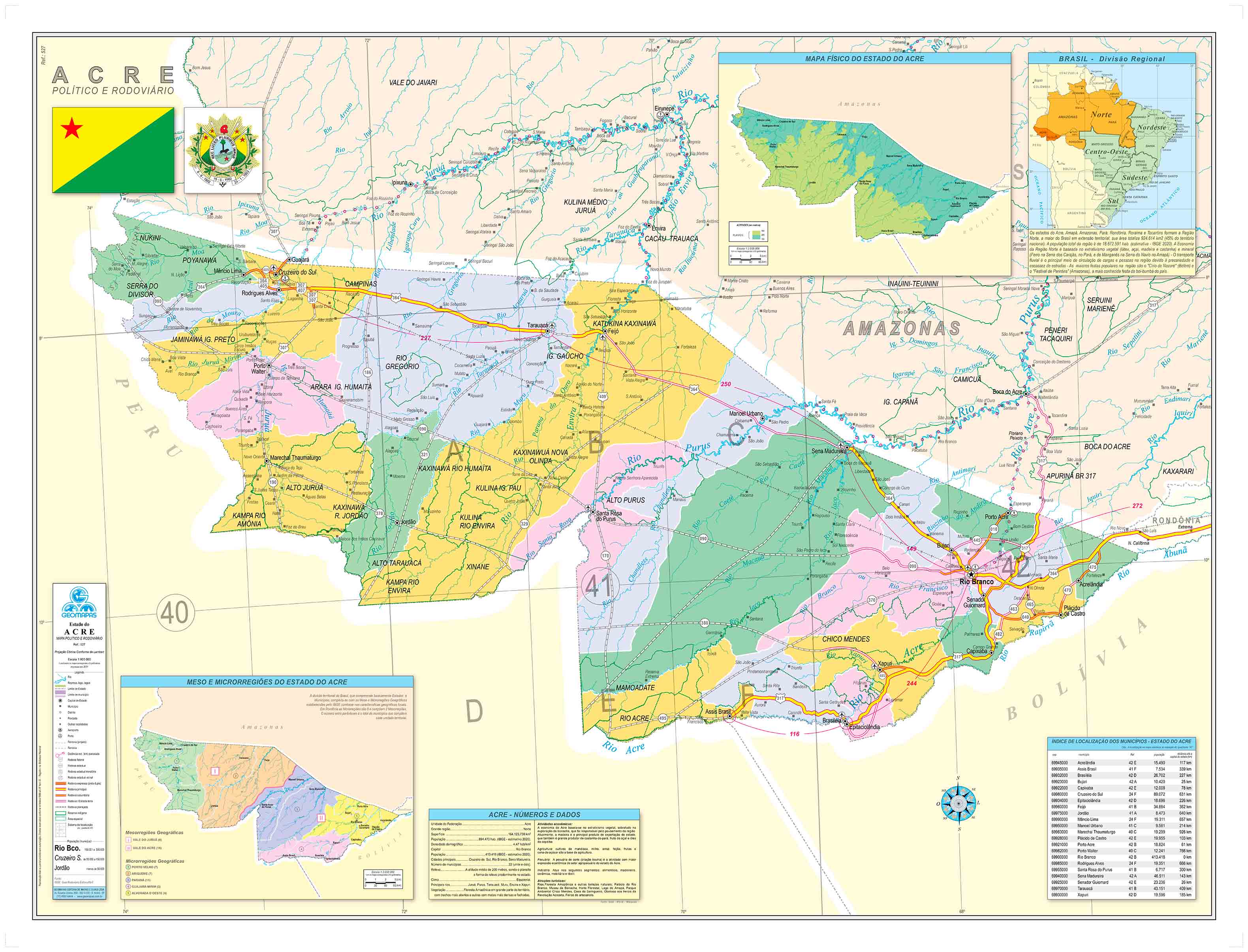 Ref. 527 Mapa do Estado do Acre Político e Rodoviário - Formato 1,20 x0,90cm