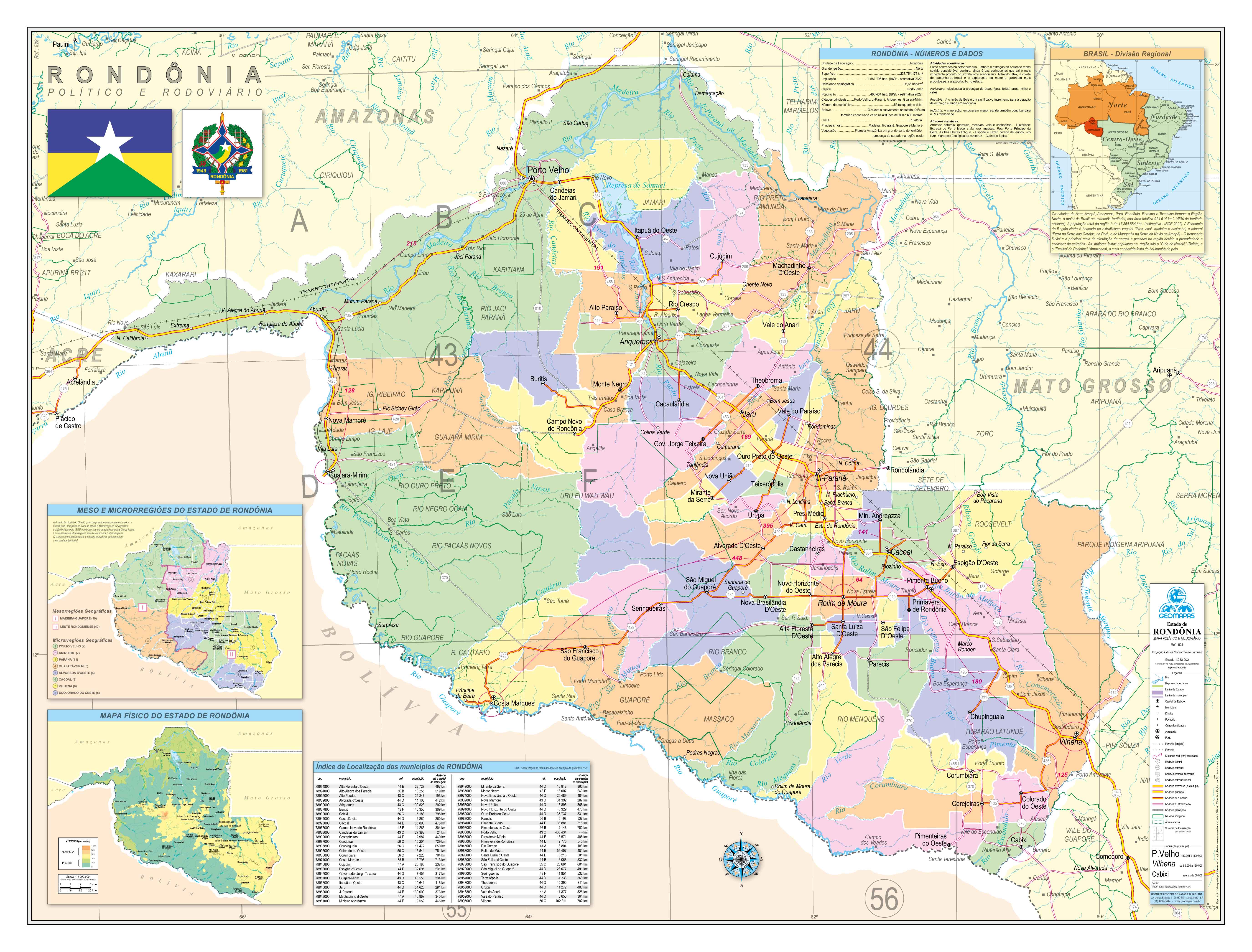 Ref. 528 Mapa do Estado de Rondônia Político e Rodoviário - Formato 1,20x0,90m