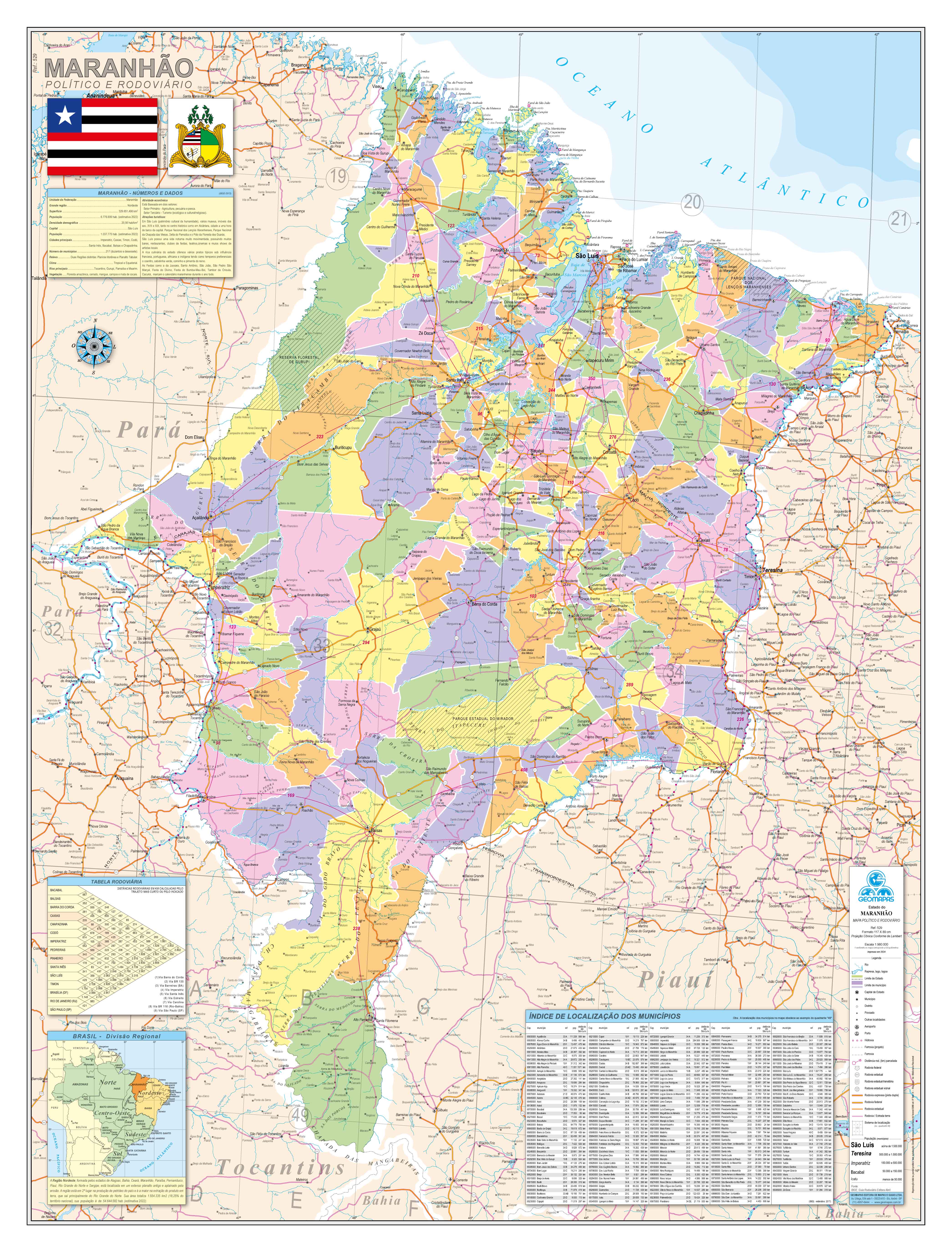 Ref. 529 Mapa do Estado do Maranhão Político e Rodoviário - Formato 0,90x1,20m