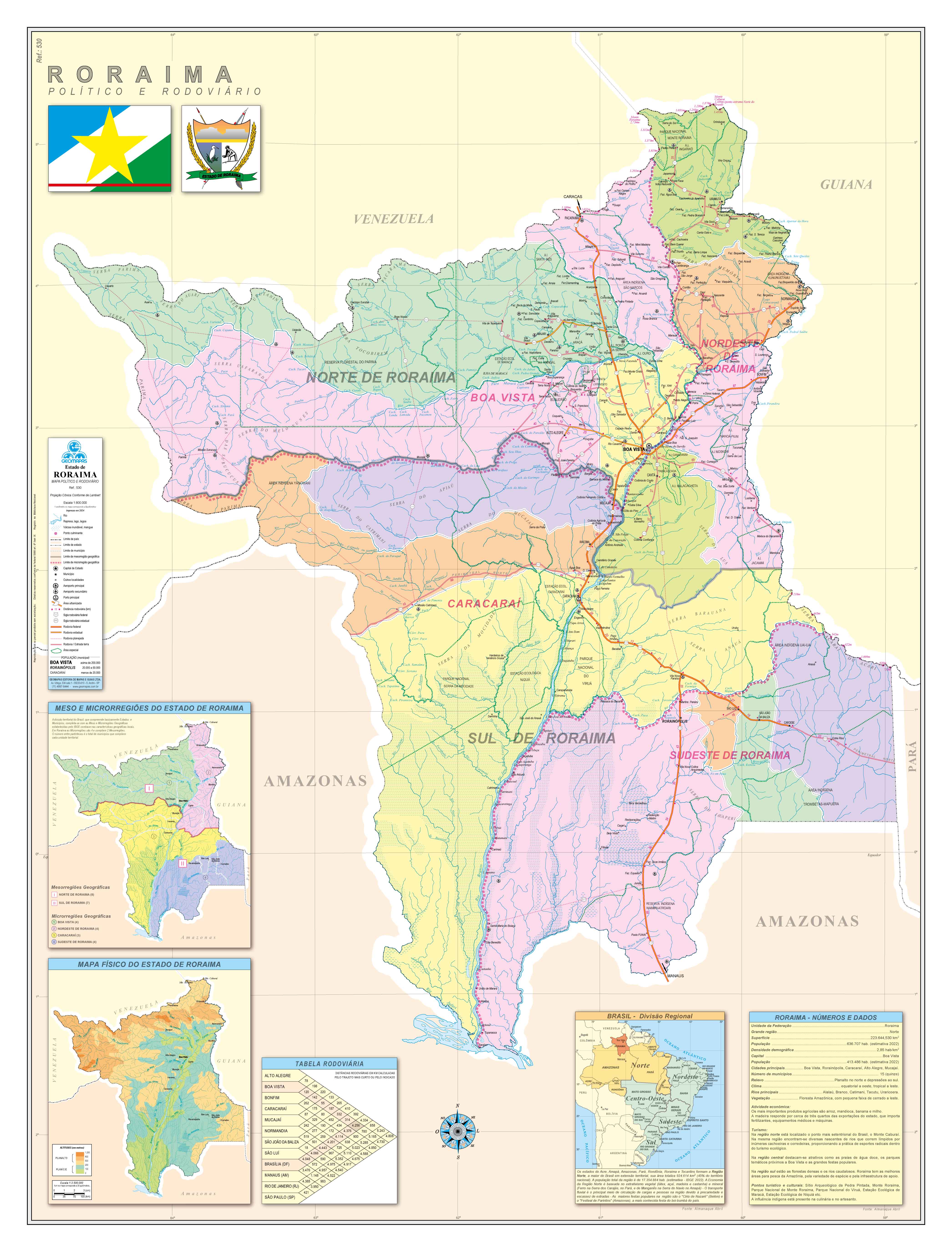 Ref. 530 Mapa do Estado de Roraima Político e Rodoviário - Formato 0,90x1,20m