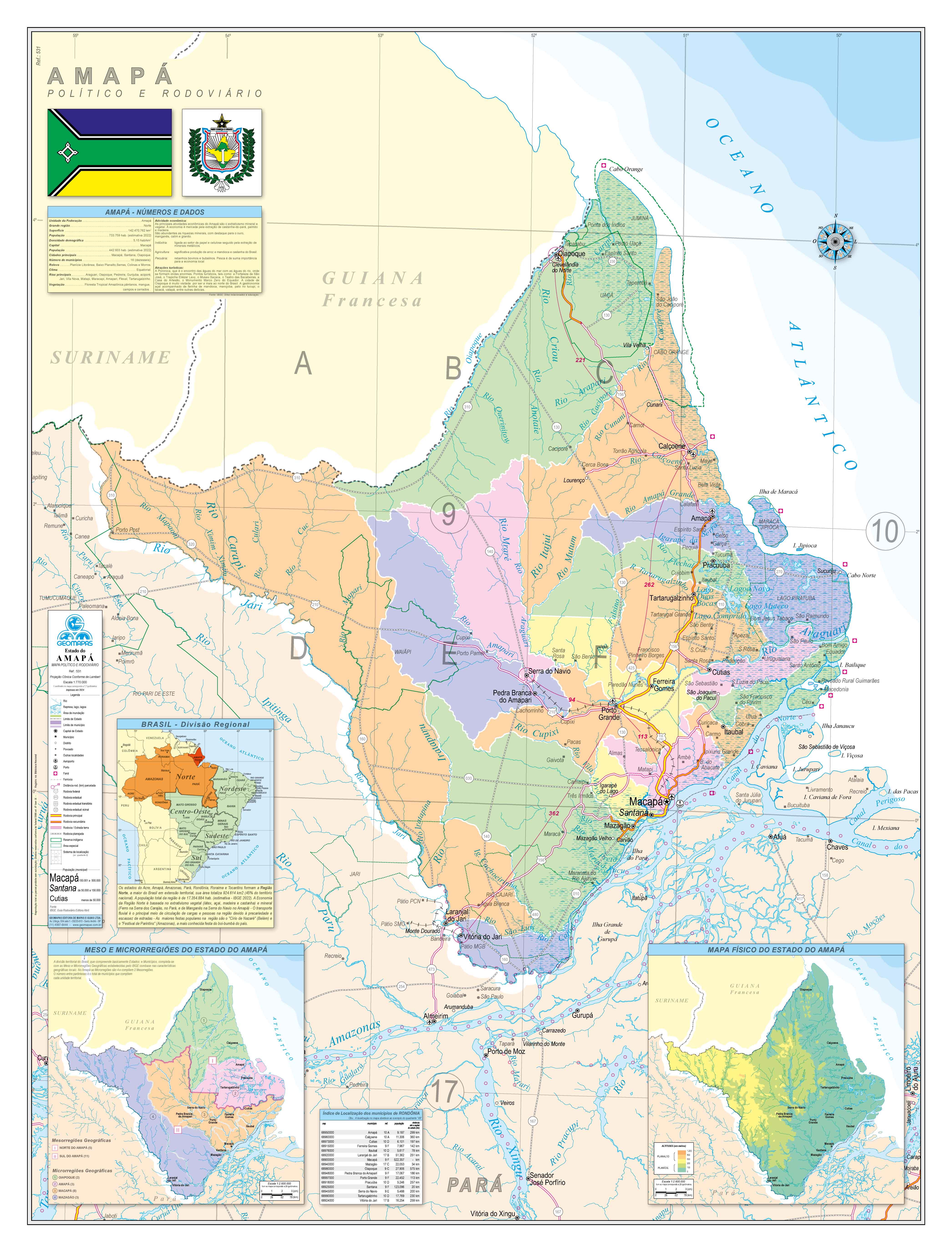 Ref. 531 Mapa do Estado do Amapá Político e Rodoviário - Formato 0,90x1,20m