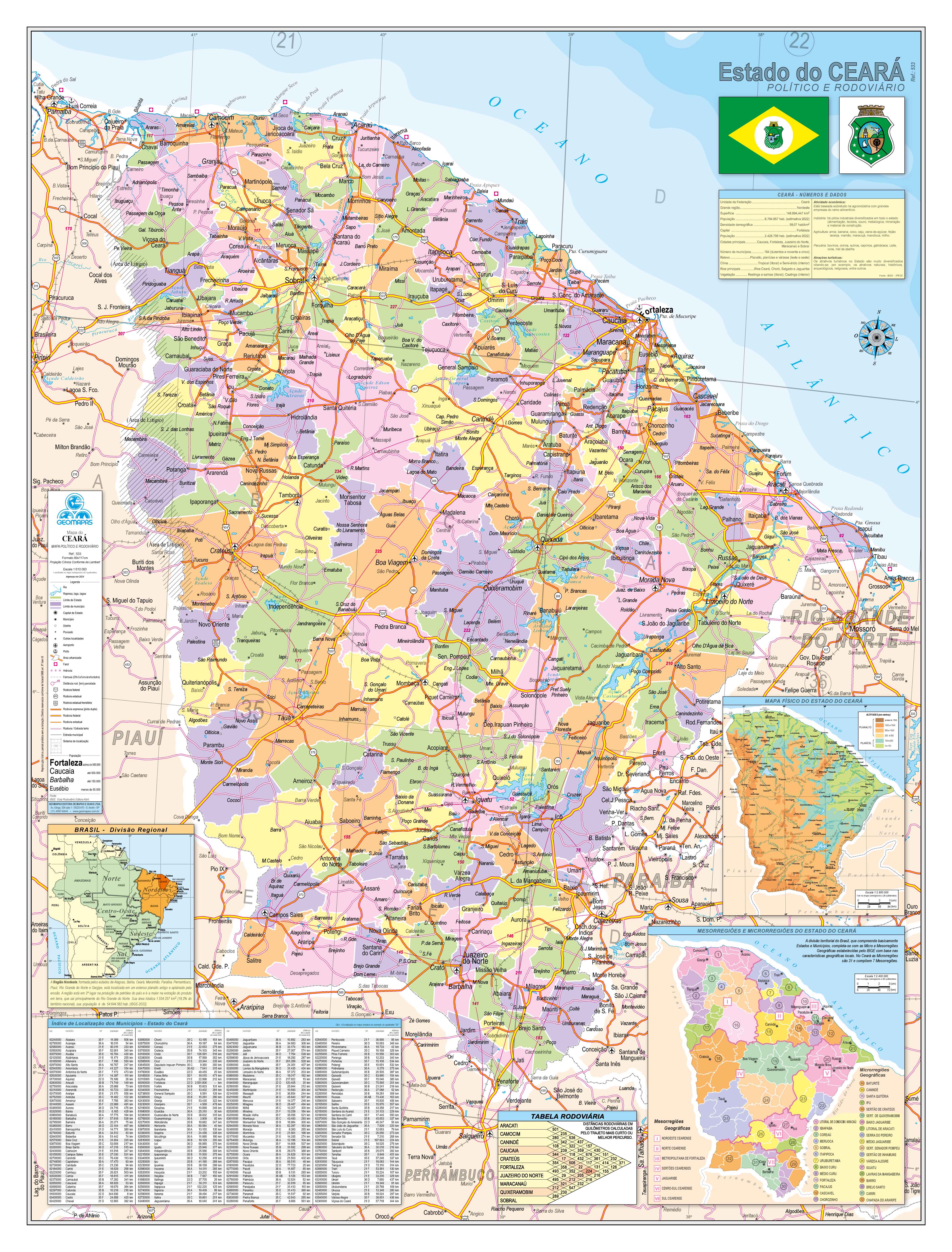 Ref. 533 Mapa do Estado do Ceará Político e Rodoviário - Formato 0,90x1,20m