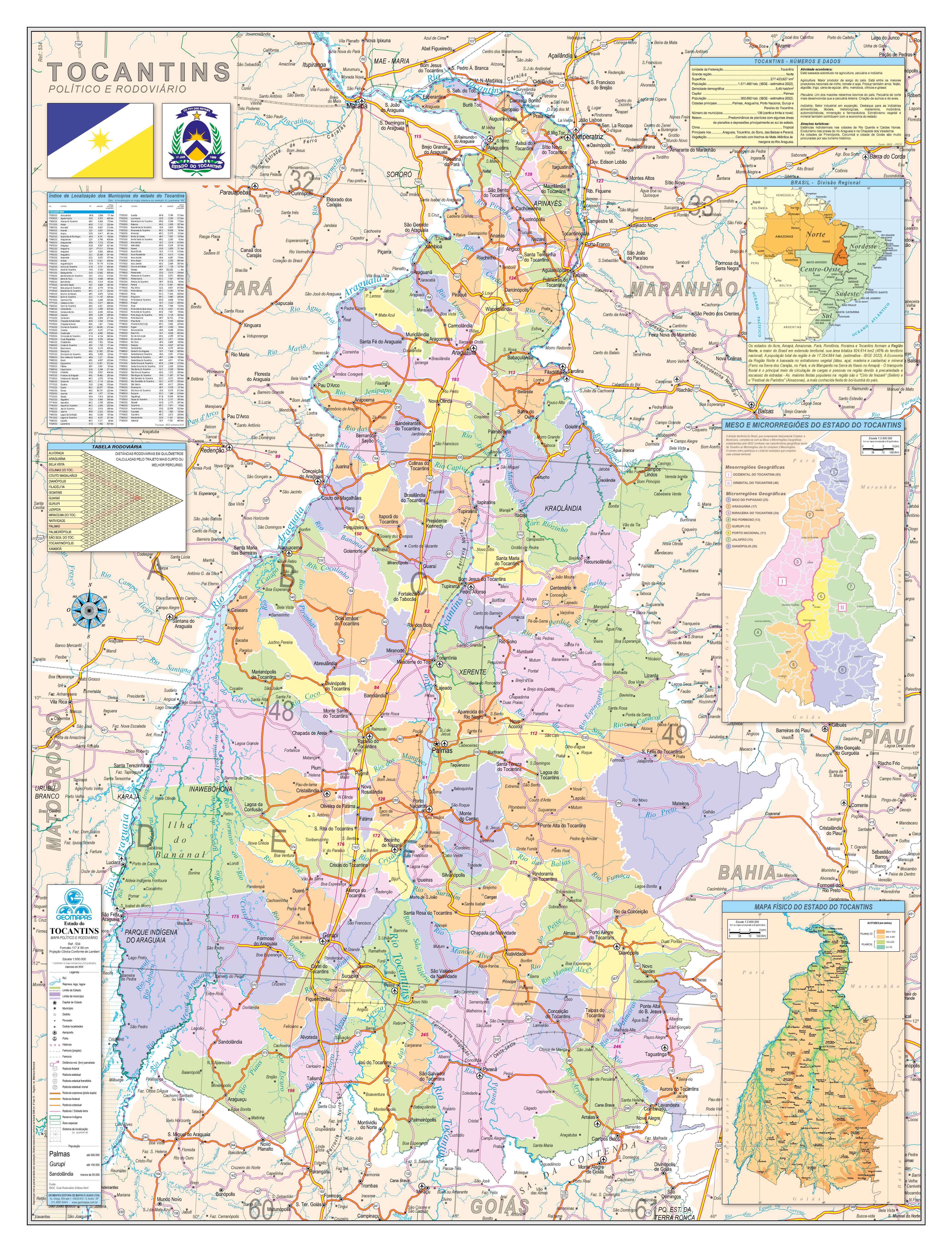 Ref. 534 Mapa do Estado de Tocantins Político e Rodoviário - Formato 0,90x1,20m