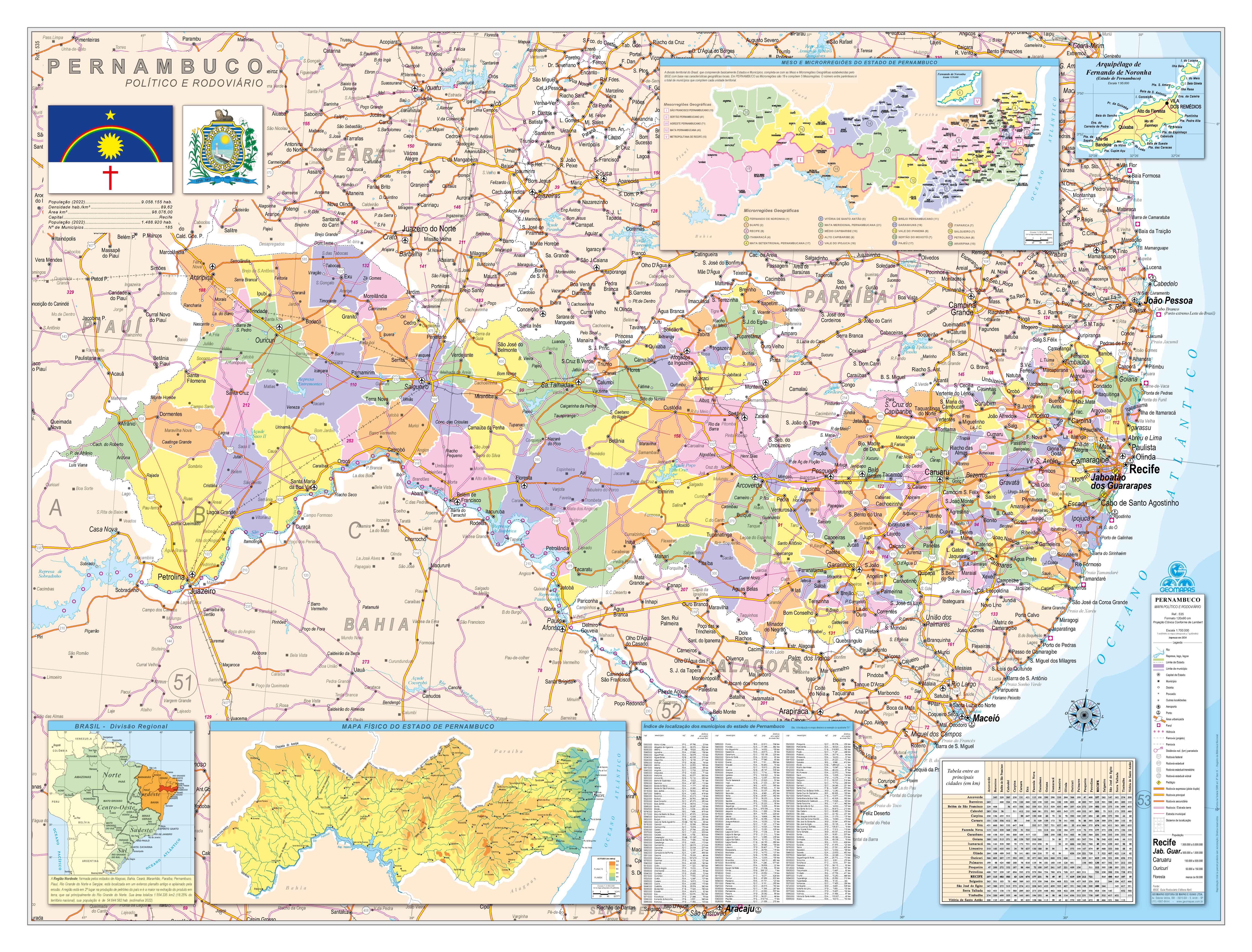 Ref. 535 Mapa do Estado de Pernambuco Político e Rodoviário - Formato 1,20x0,90m