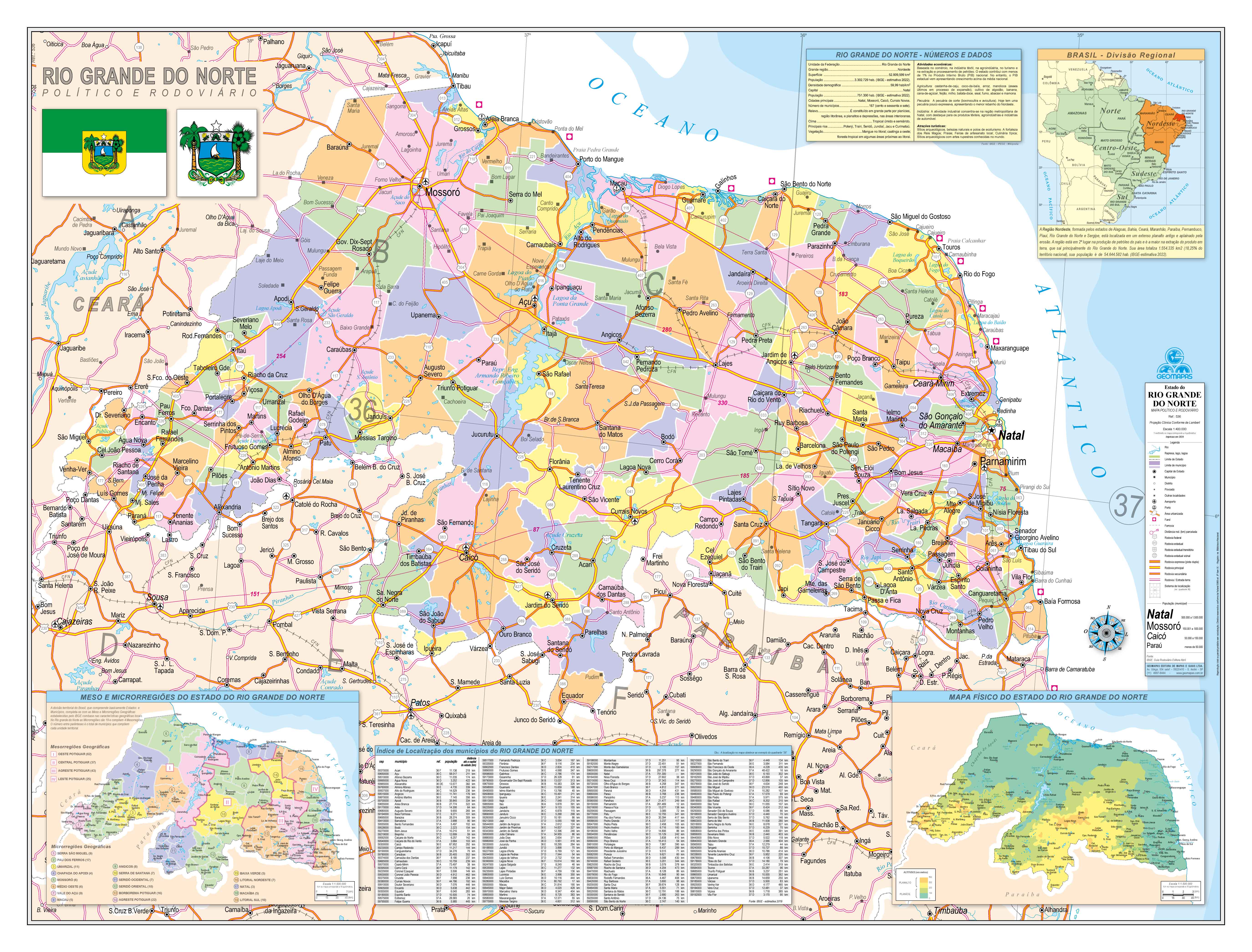 Ref. 536 Mapa do Estado do Rio Grande do Norte Político e Rodoviário - Formato 1,20x0,90m