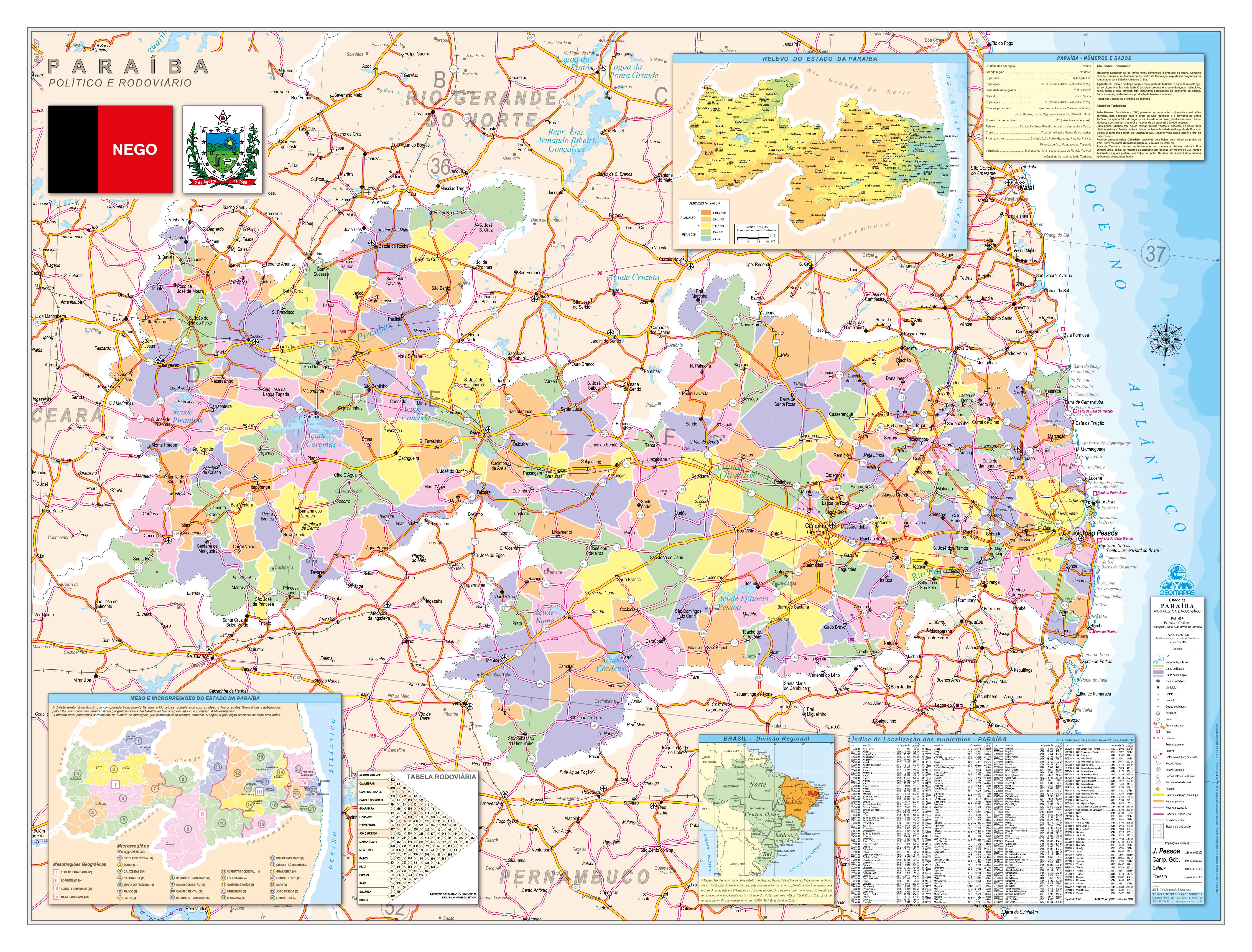 Ref. 537 Mapa do Estado da Paraíba Político e Rodoviário - Formato 1,20x0,90m