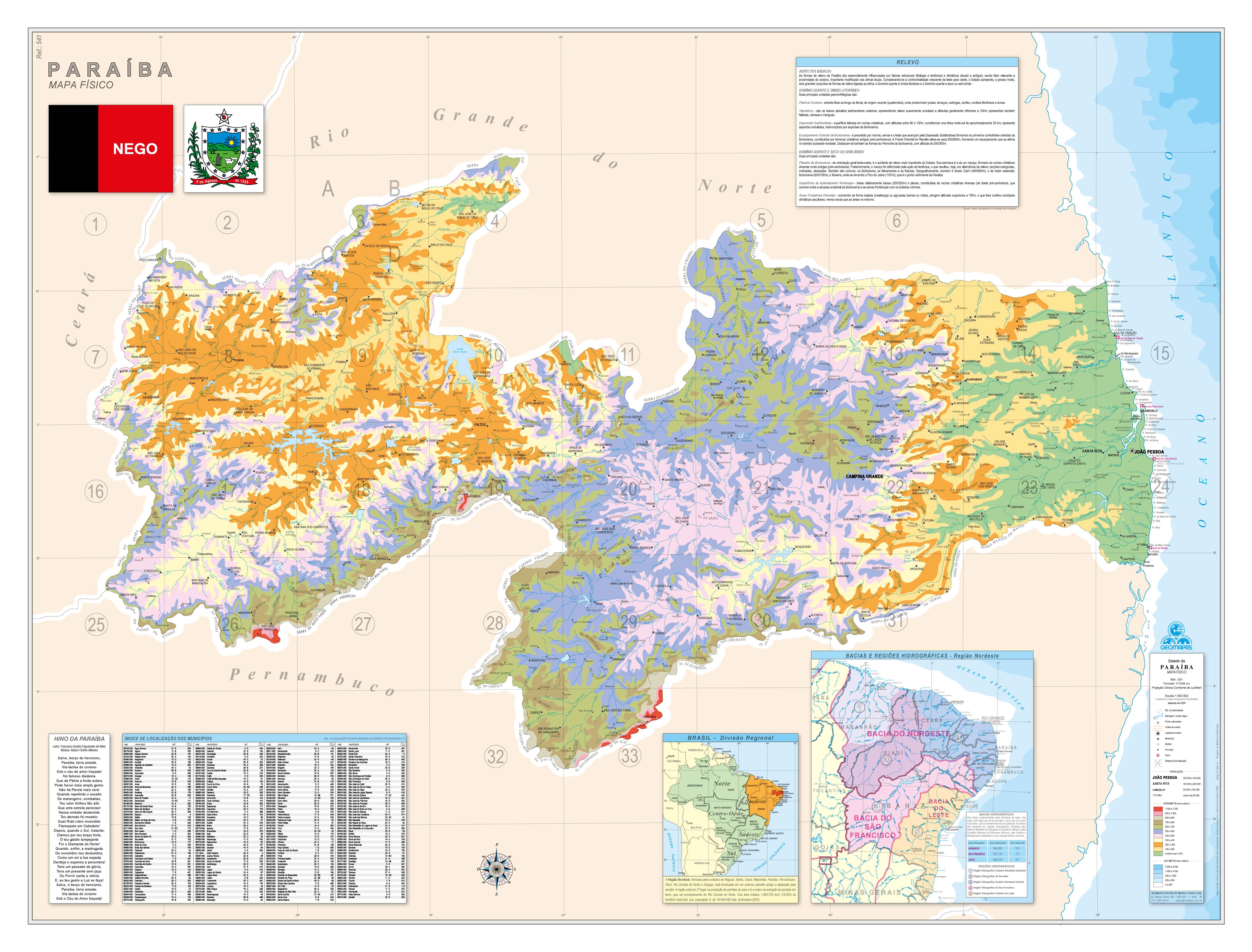 Ref. 541 Mapa do Estado da Paraíba Físico - Formato 1,20x0,90m