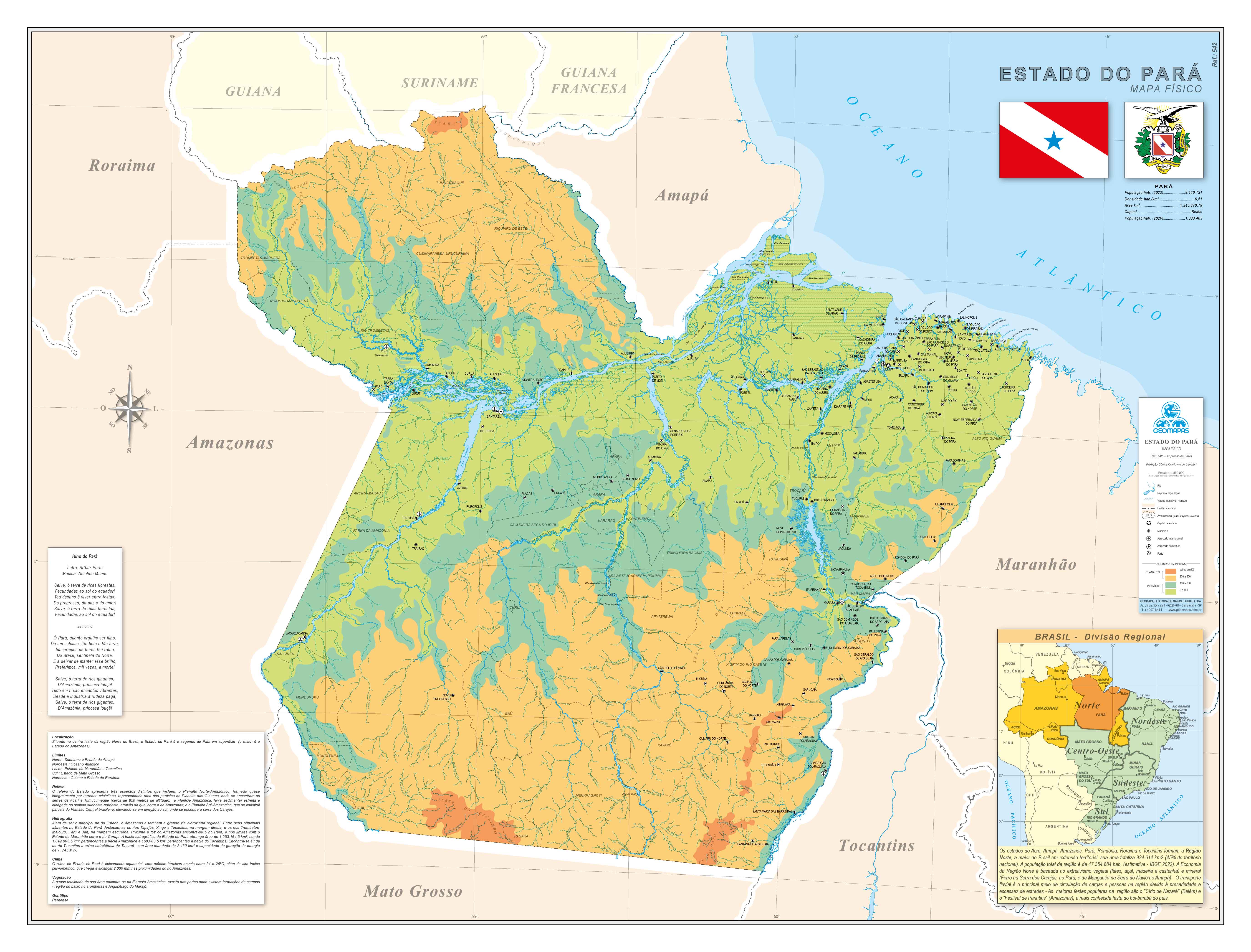 Ref. 542 Mapa do Estado do Pará Físico - Formato 1,20x0,90m