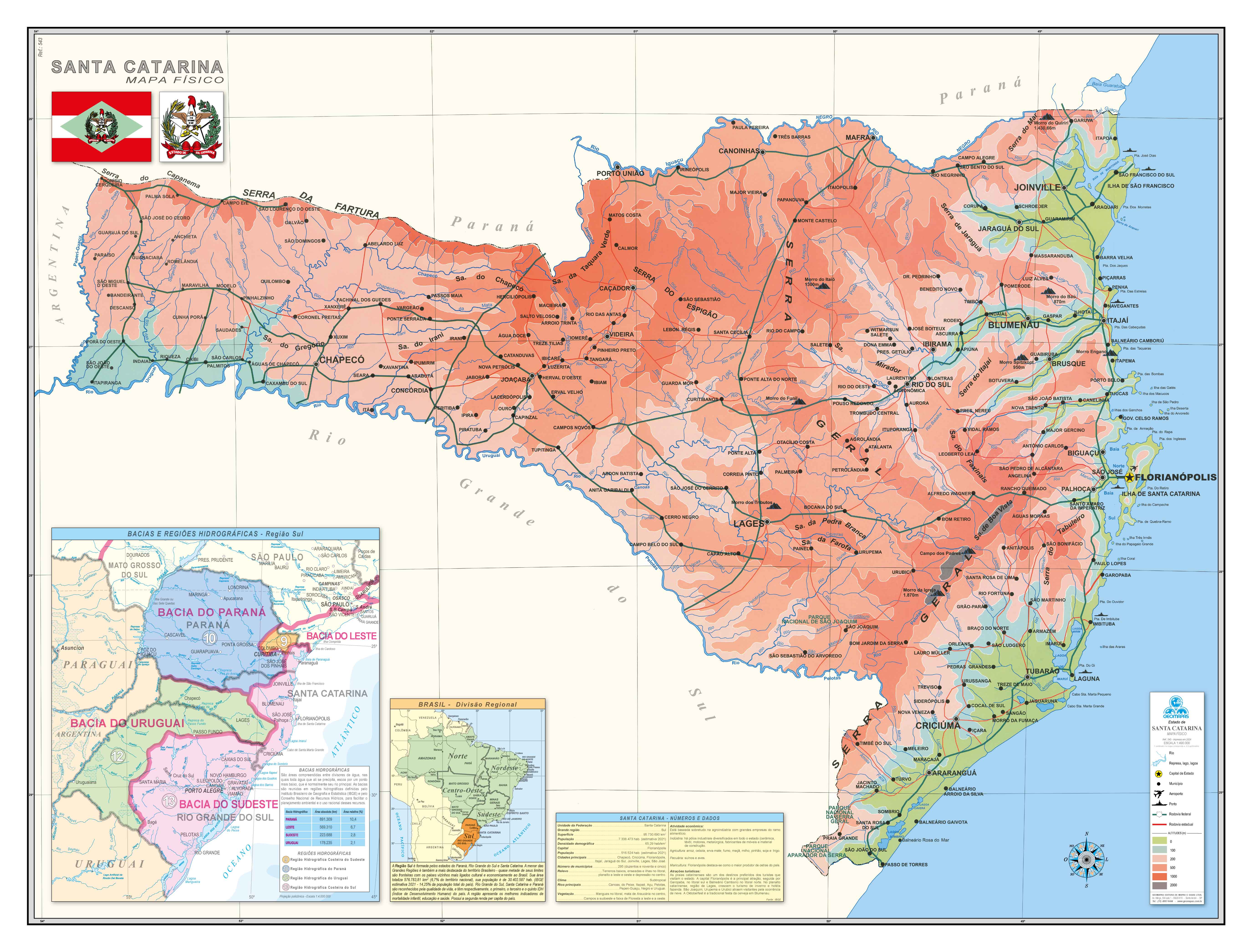 Ref. 543 Mapa do Estado de Santa Catarina Físico - Formato 1,20x090m