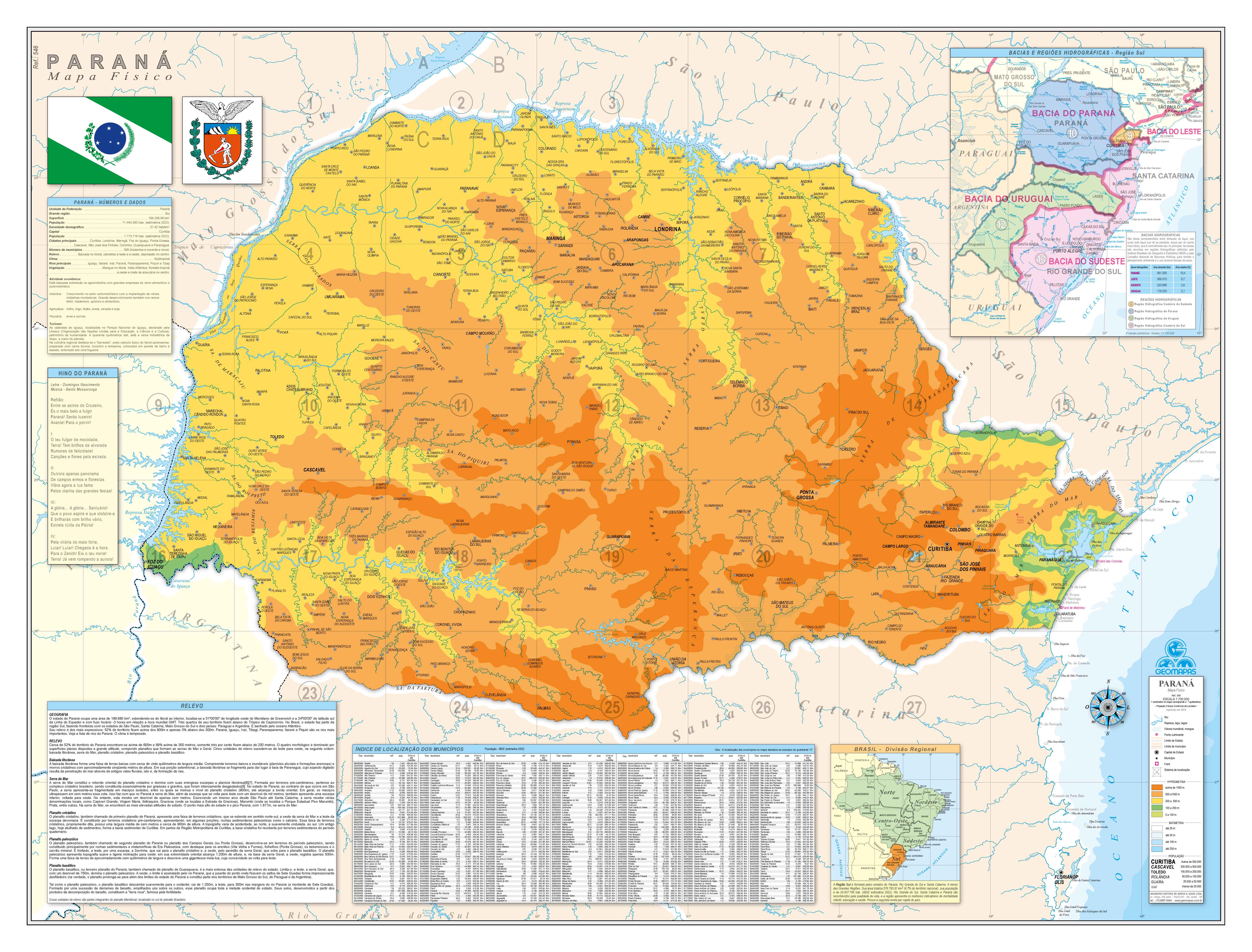 Ref. 546 Mapa do Estado do Paraná Físico - Formato 1,20x0,960m