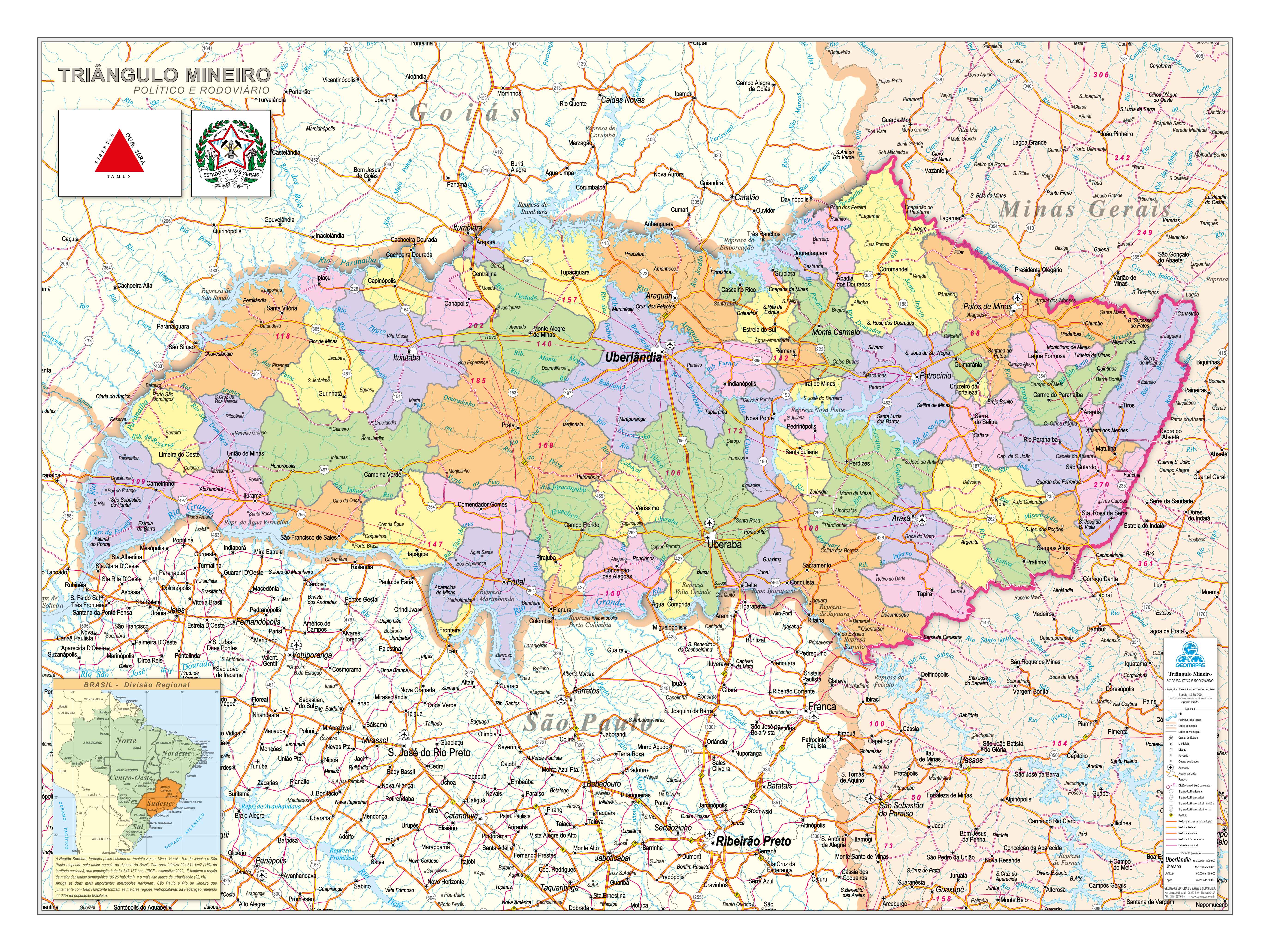 Ref. 593 - Mapa da Região do Vale do Triângulo Mineiro - Formato 1.20X0.90M